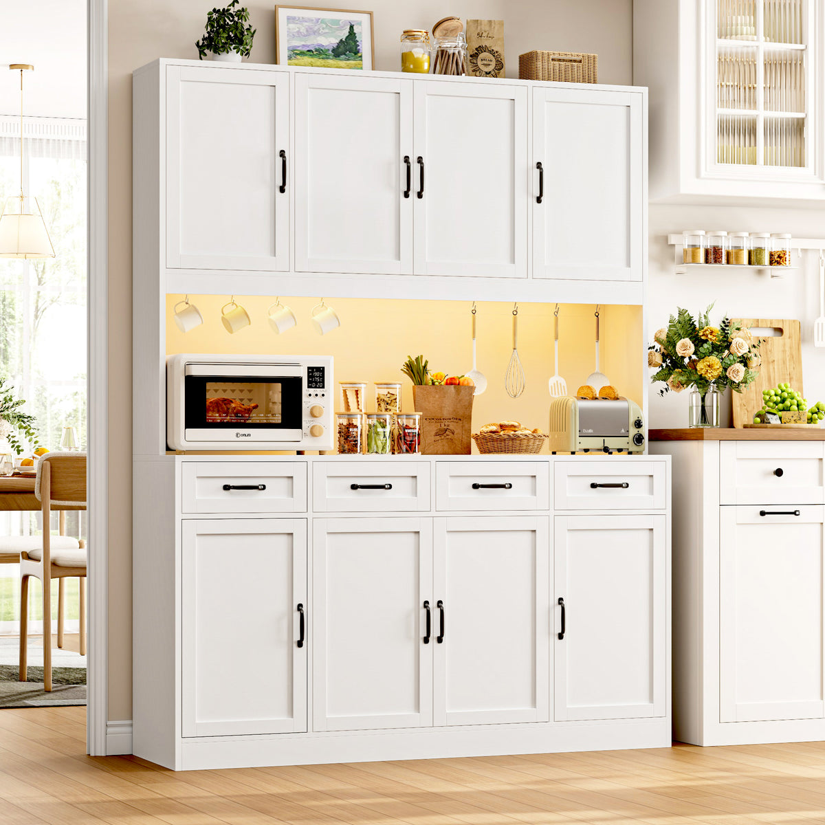 Hiphuta 59" Wide Kitchen Pantry Cabinet with 8 Doors and 4 Drawers, Extra Large Hutch Cabinet with RGB LED and Charging Station, Coffee Bar with 4 Adjustable Shelves, White