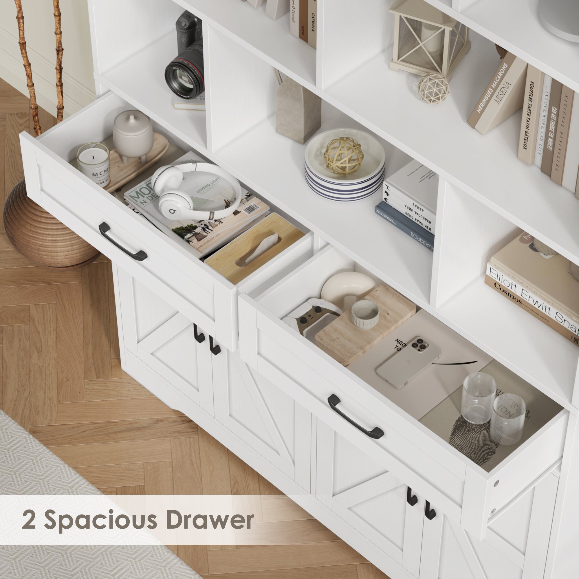 Hiphuta 6-tier Bookcase with Drawers & Doors, 71" Tall Bookcases, Wooden Storage Bookshelf for Living Room Home Office, White