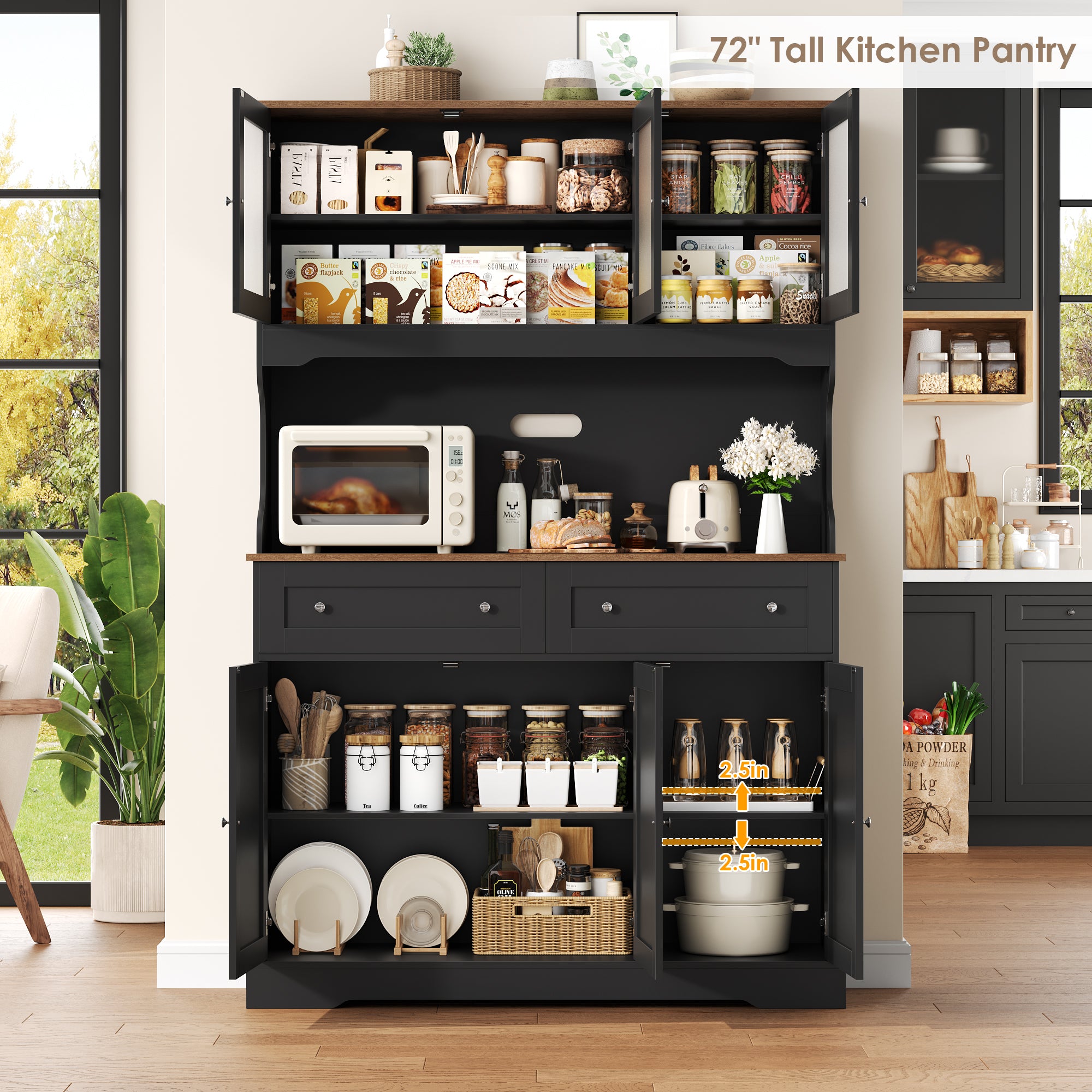 Hiphuta 72"Tall Kitchen Pantry Storage Cabinet with Power Outlet, Freestanding Cupboard Storage Buffet Hutch with Microwave Stand, Coffee Bar with Drawers & Glass Doors, Black & Oak