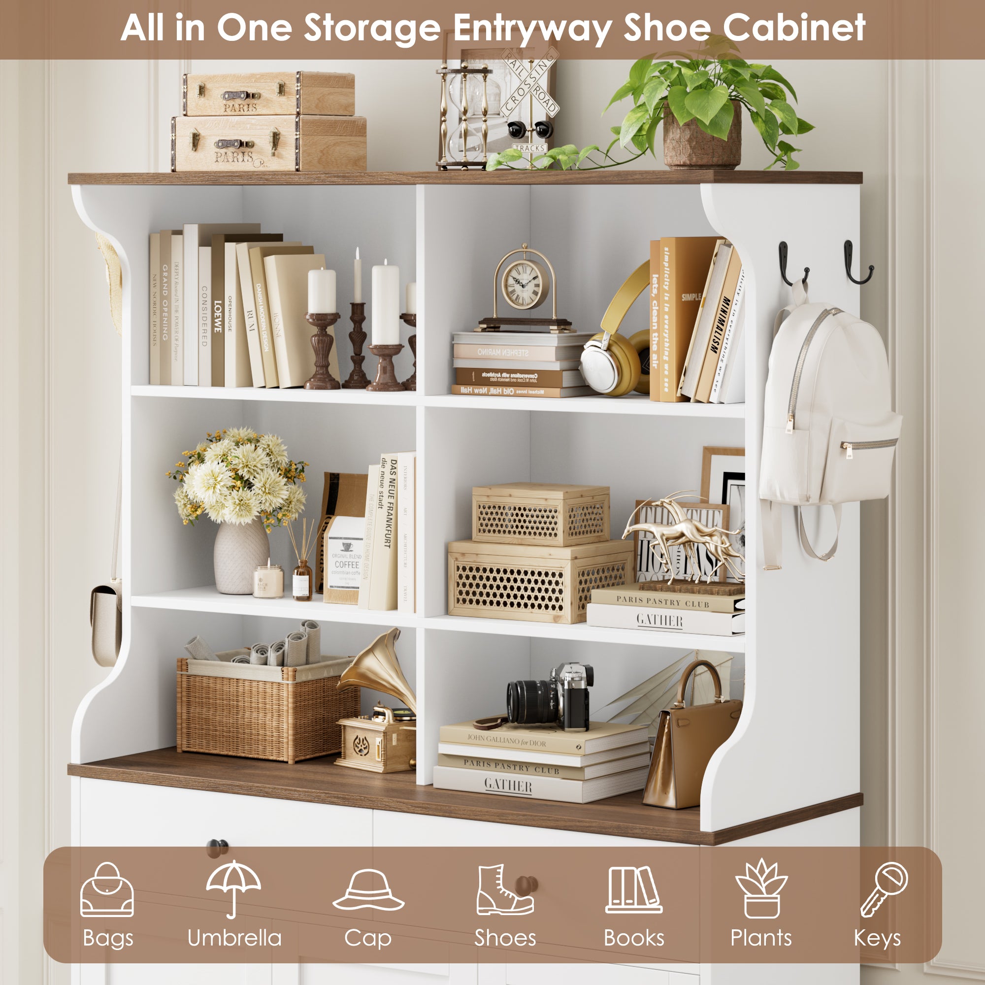 Hiphuta 73” Tall Shoe Cabinet with Doors and 2 Drawers, Hidden Shoe Storage Cabinet with Hanging Hooks, Wood Shoe Rack Organizer for Entryway, Hallway and Living Room, White