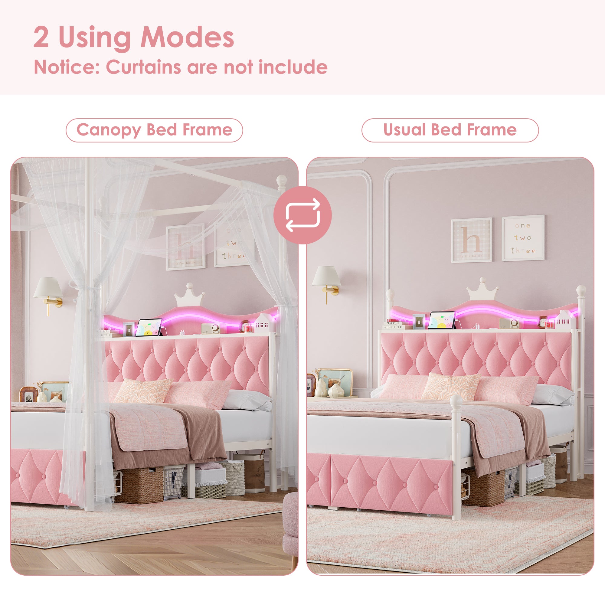 Hiphuta Queen Size Crown Canopy Bed with Power Outlet & LED, Upholstered Princess Beds with 4 Removable Posts, Queen Velvet Bed for Adults, Curtain Not Included, Pink
