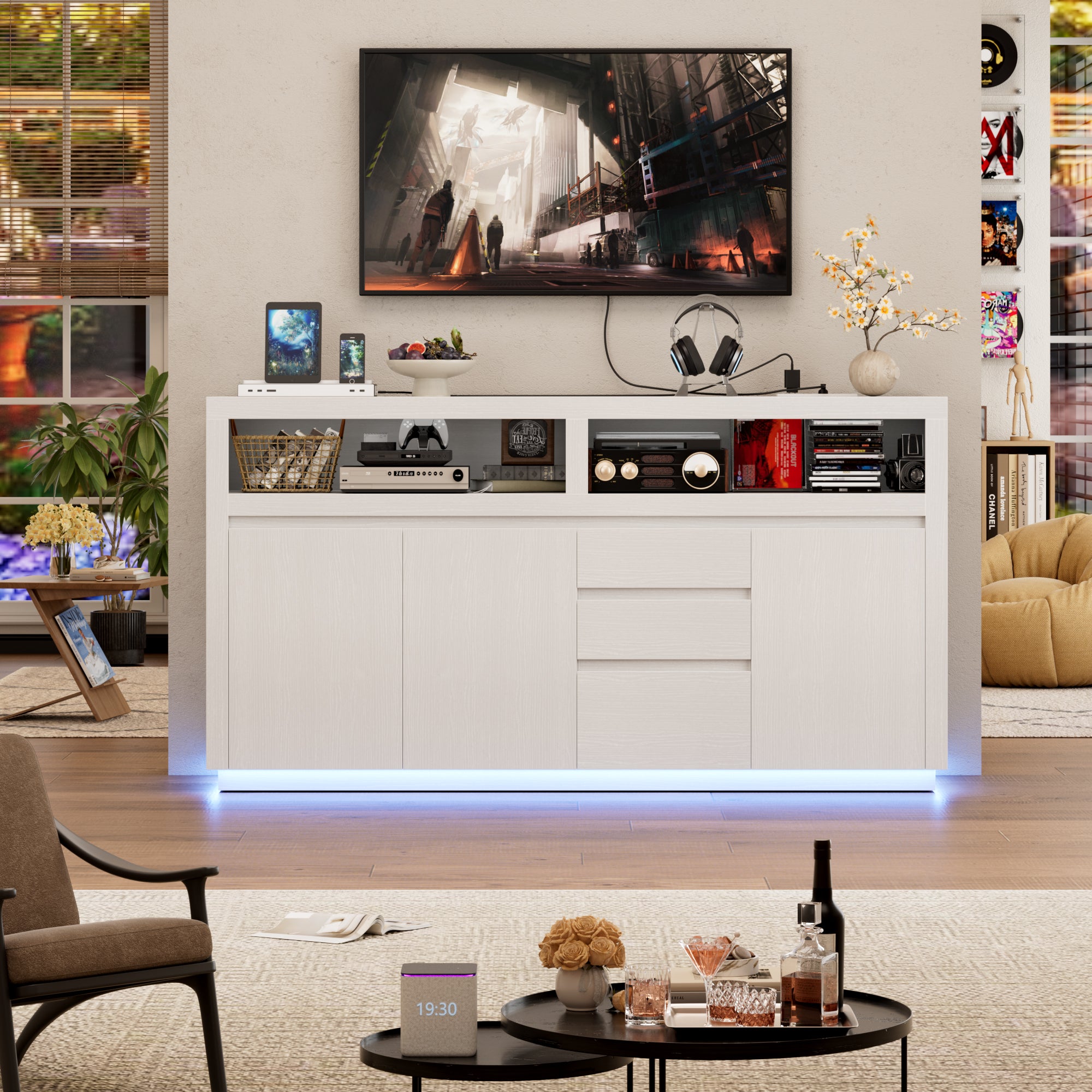 Hiphuta 63" Wide Farmhouse TV Stand Fits Up to 70 Inch TVs, Entertainment Center with RGB LED Lights, Wood Grain Media Console with Charging Station, White