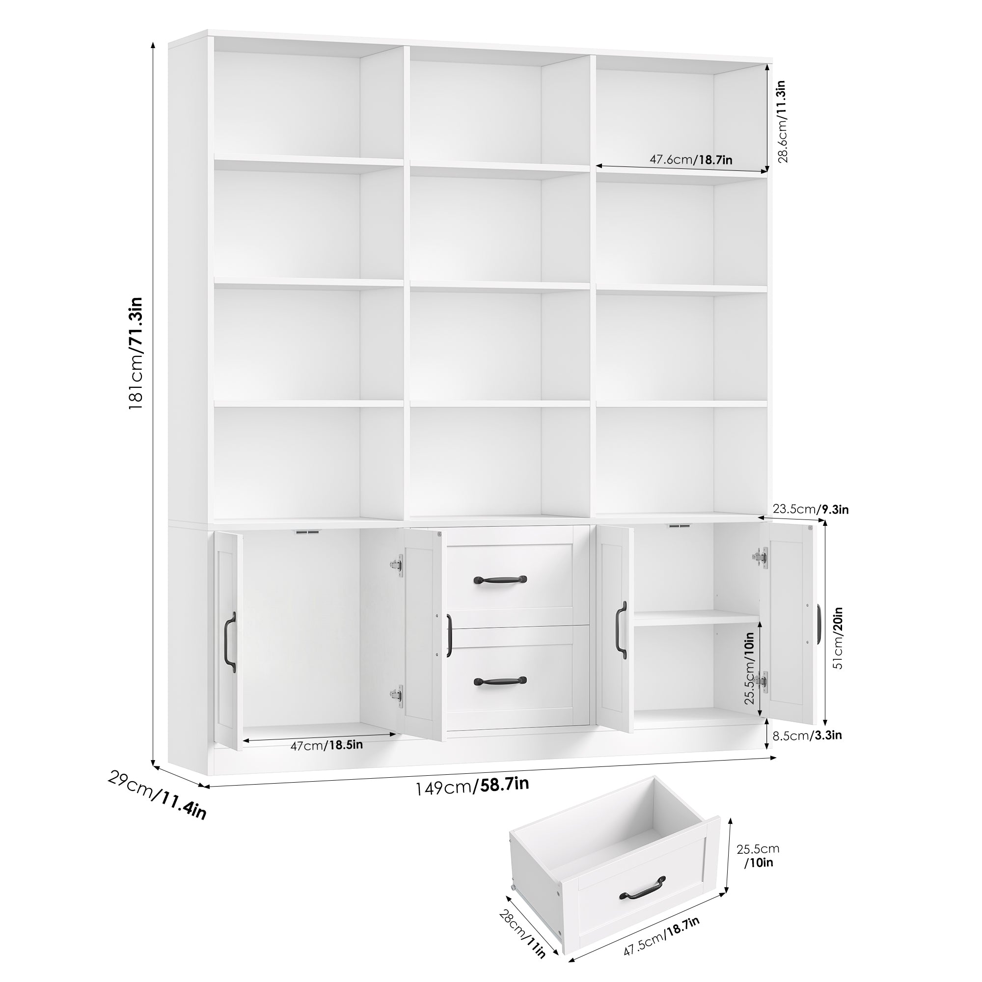 Hiphuta 71" Tall Triple Row 4-Tier Bookcase with 12 Open Cubes, 59" Wide Extra Large Display Bookshelf with 4 Doors and 2 Drawers, for Office Living Room, White