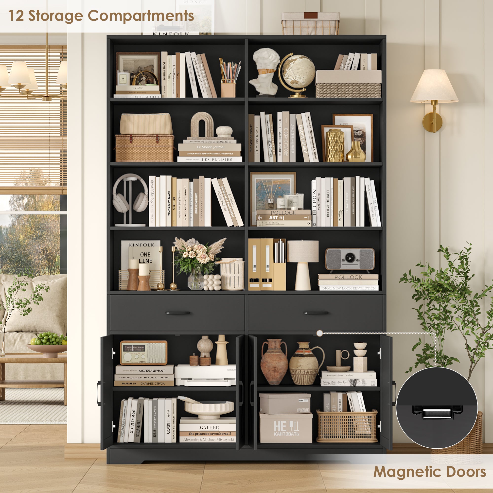 Hiphuta Bookcase with 3 Drawers, Large Farmhouse Bookshelf and Bookcase with Cabinet, Black