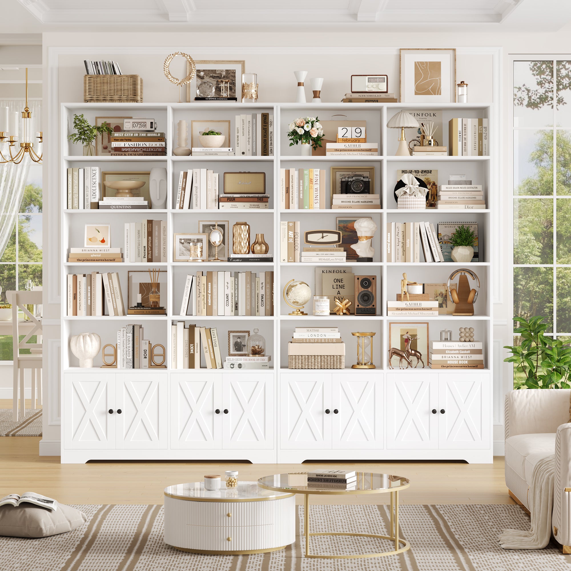 Hiphuta 78"H x 47"W Bookcase with Doors, Tall Bookshelves with Storage, 5-Tier Shelves Freestanding Display Bookcase for Home Office and Living Room, White