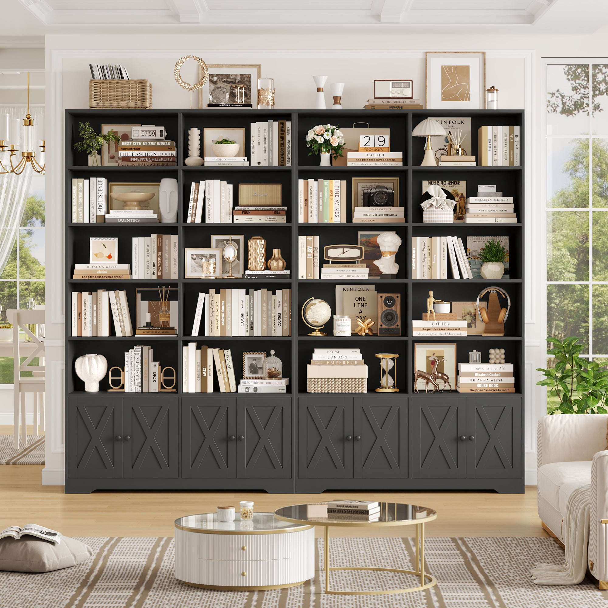 Hiphuta 78"H x 47"W Bookcase with Doors, Tall Bookshelves with Storage, 5-Tier Shelves Freestanding Display Bookcase for Home Office and Living Room, Black