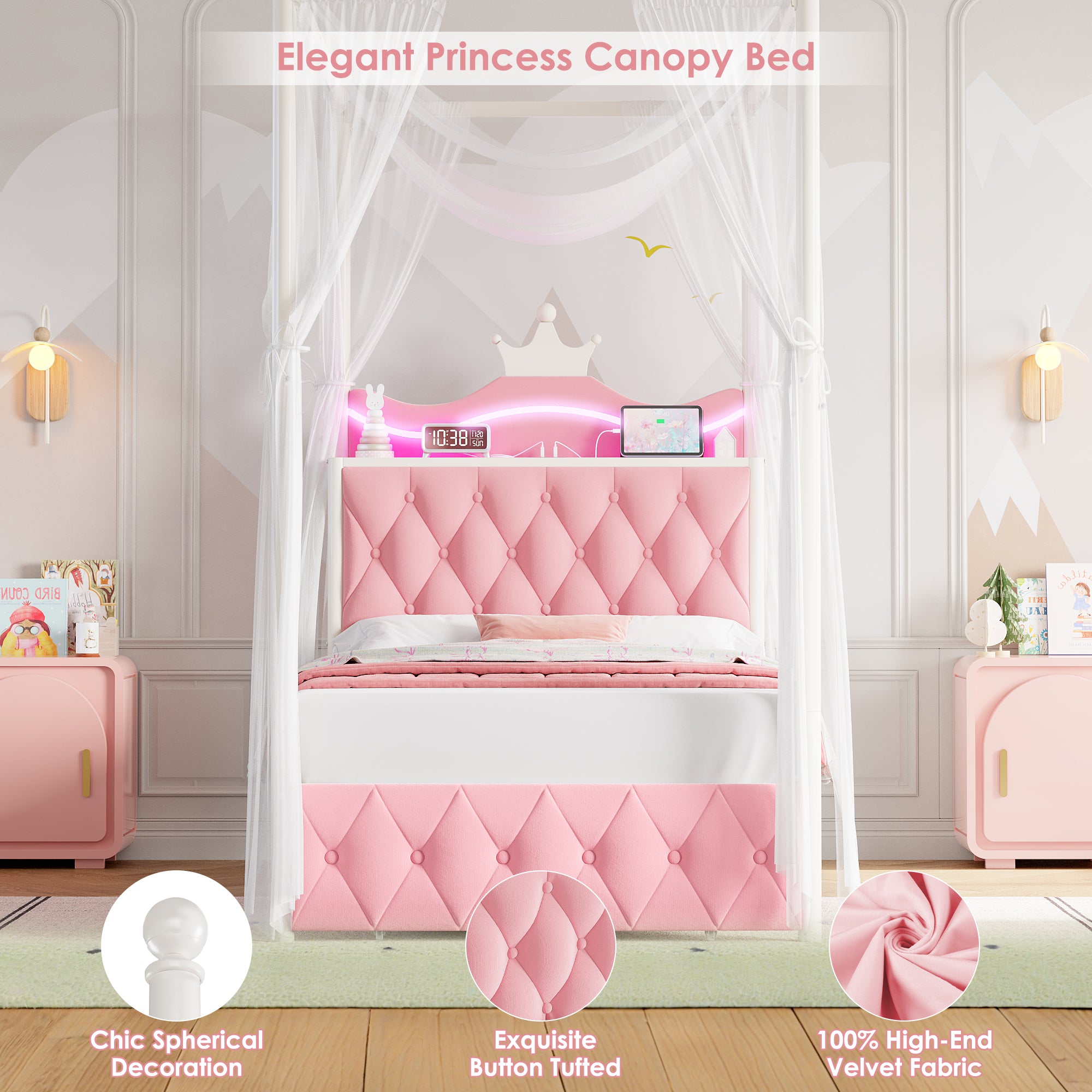 Hiphuta Twin Size Crown Canopy Bed with Power Outlet & LED, Upholstered Princess Beds with 4 Removable Posts, Twin Bed Frame, Pink