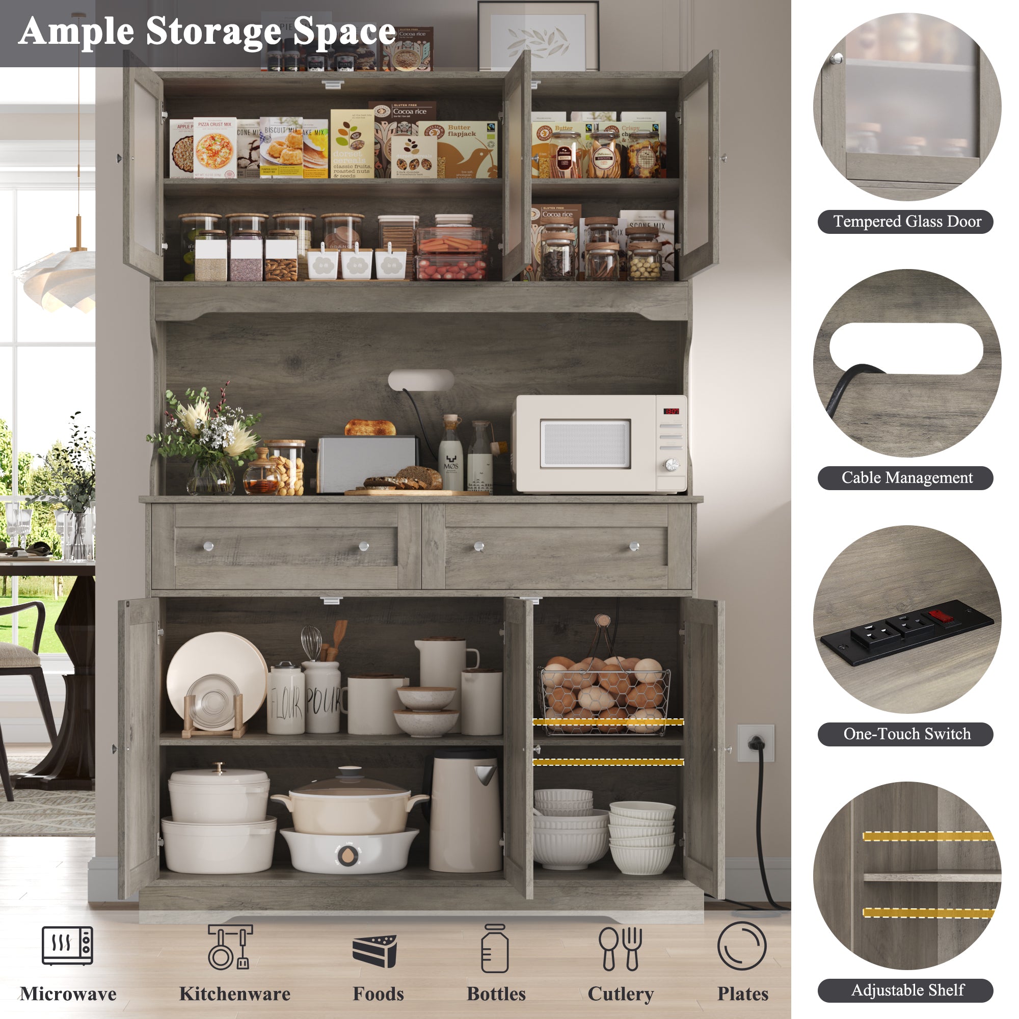 Hiphuta 72” Tall Kitchen Pantry Storage Cabinet with Power Outlet, Freestanding Cupboard Storage Buffet Hutch with Microwave Stand, Storage Pantry with Drawers & Glass Doors, Ash Gray