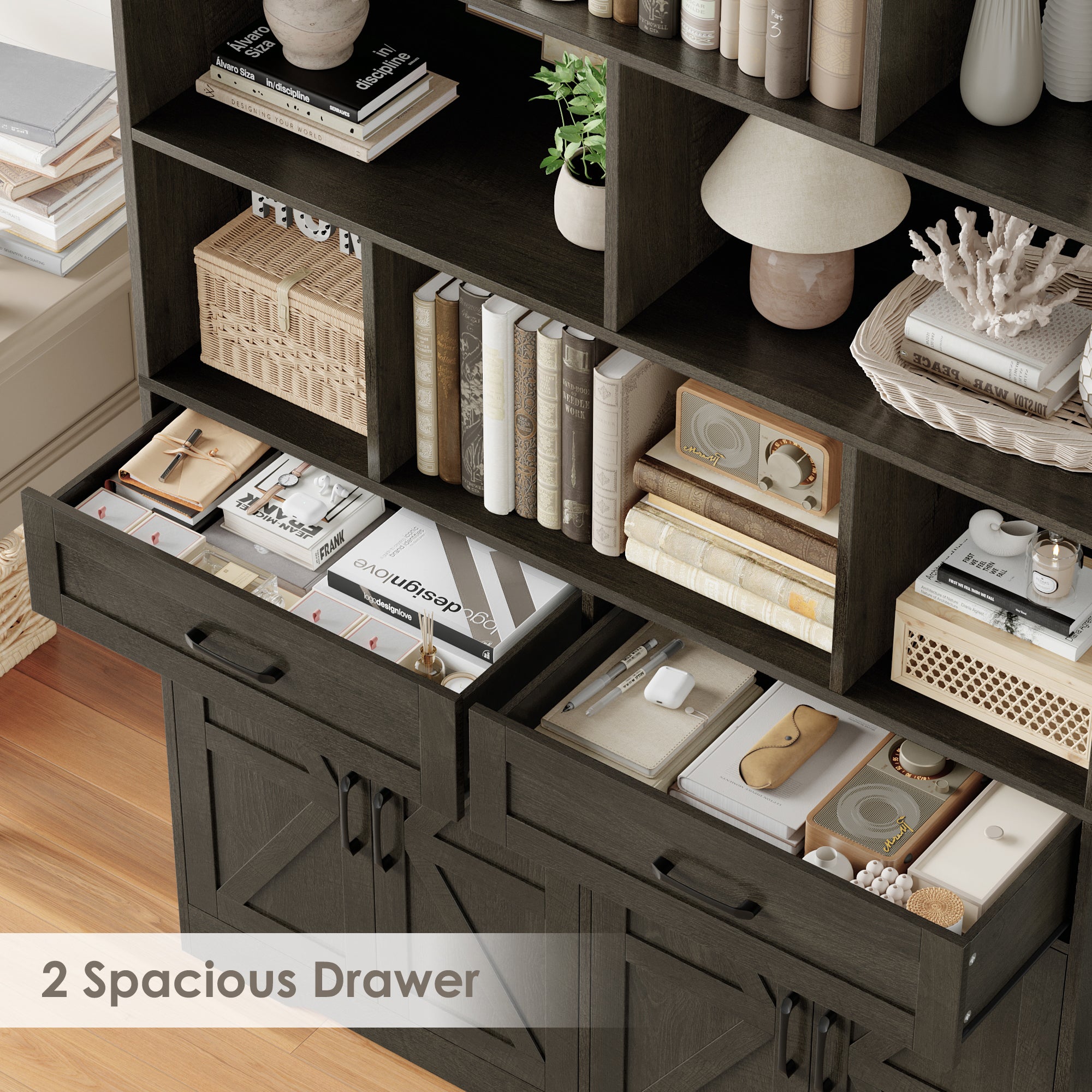 Hiphuta 6-tier Bookcase with Drawers & Doors, 71" Tall Bookcases, Wooden Storage Bookshelf for Living Room Home Office, Dark Brown