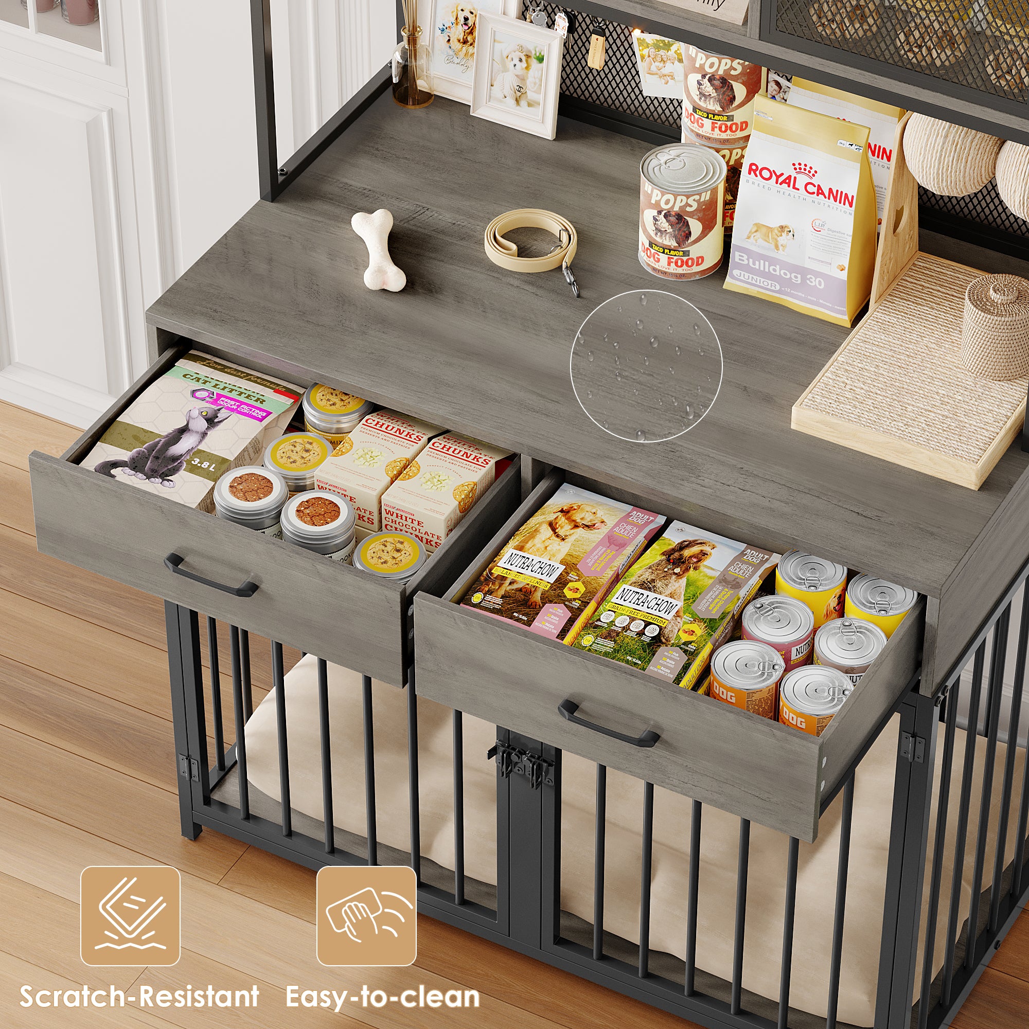 Hiphuta Dog Crate Furniture, Wooden Dog Crate with Drawers, Large Dog Cage Furniture for Living Room, Decorative Pet Sturdy Dog Kennel Furniture for Indoor, Ash Gray