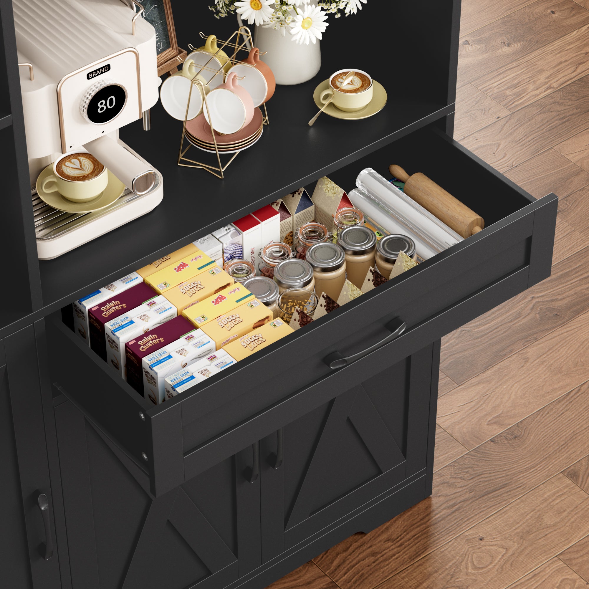 Hiphuta 71" Farmhouse Kitchen Pantry Storage Cabinet, Modern Coffee Hutch with Doors, Shelves & Microwave Stand, Cupboard for Dining Room, Black