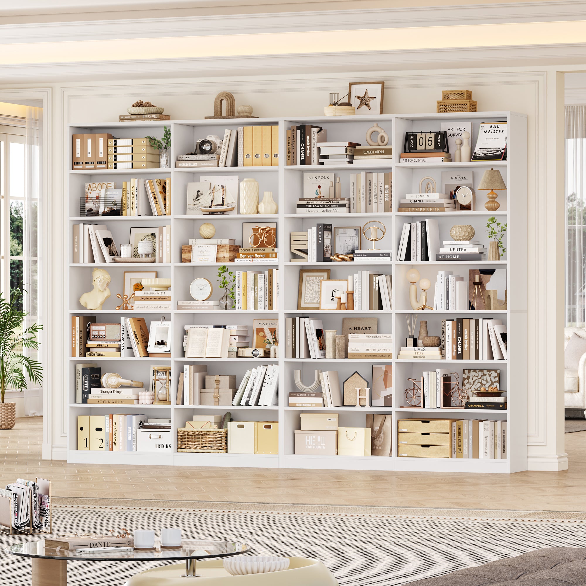 Hiphuta 83.6"H x 47.2"W Wood Double 7-Tier Standard Bookcase, Tall Bookcase for Bedroom, Living Room and Office, Freestanding Display Storage Shelves, White