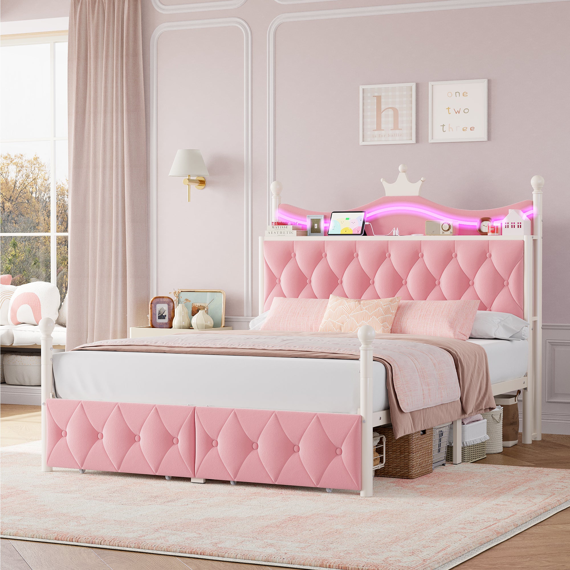 Hiphuta Queen Size Crown Canopy Bed with Power Outlet & LED, Upholstered Princess Beds with 4 Removable Posts, Queen Velvet Bed for Adults, Curtain Not Included, Pink