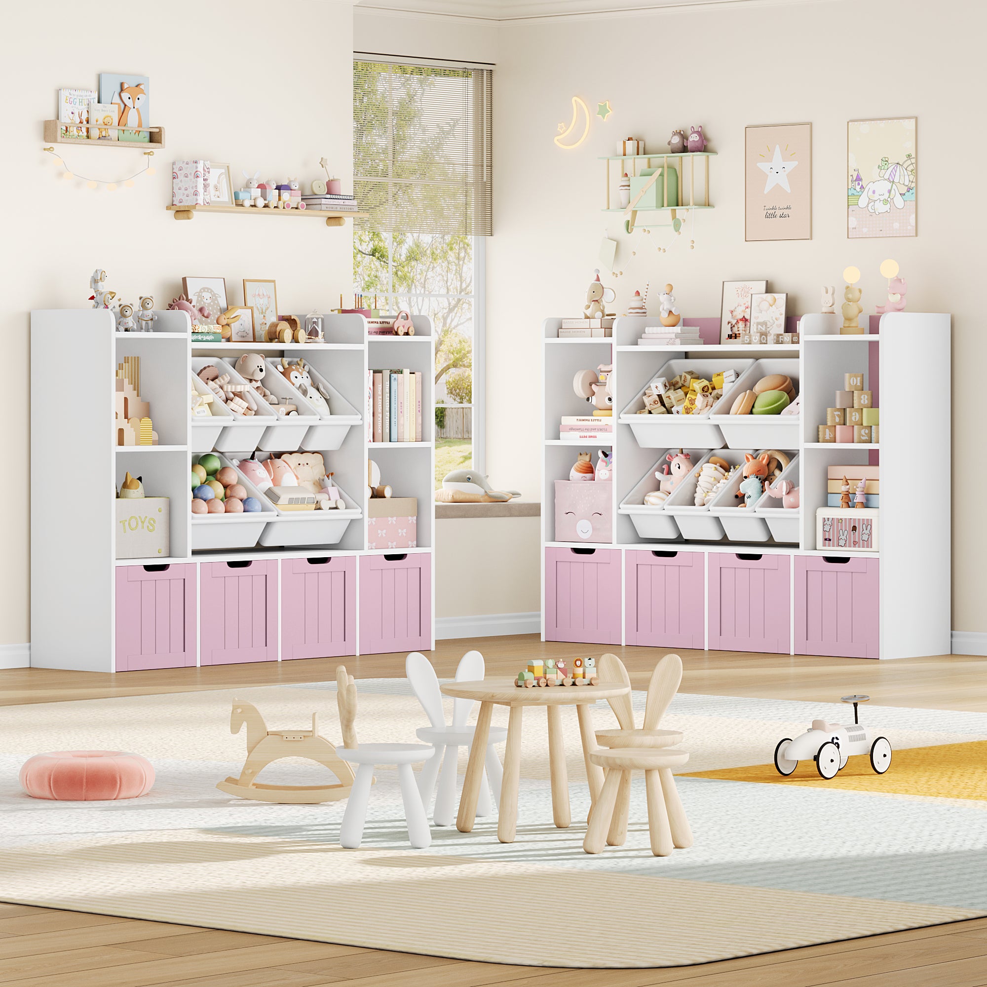 Hiphuta 3 Tier Kids Bookcase with Toy Storage Organizer, Wood Toy Organizer of 6 Boxes & 4 Removable Drawers, Pink