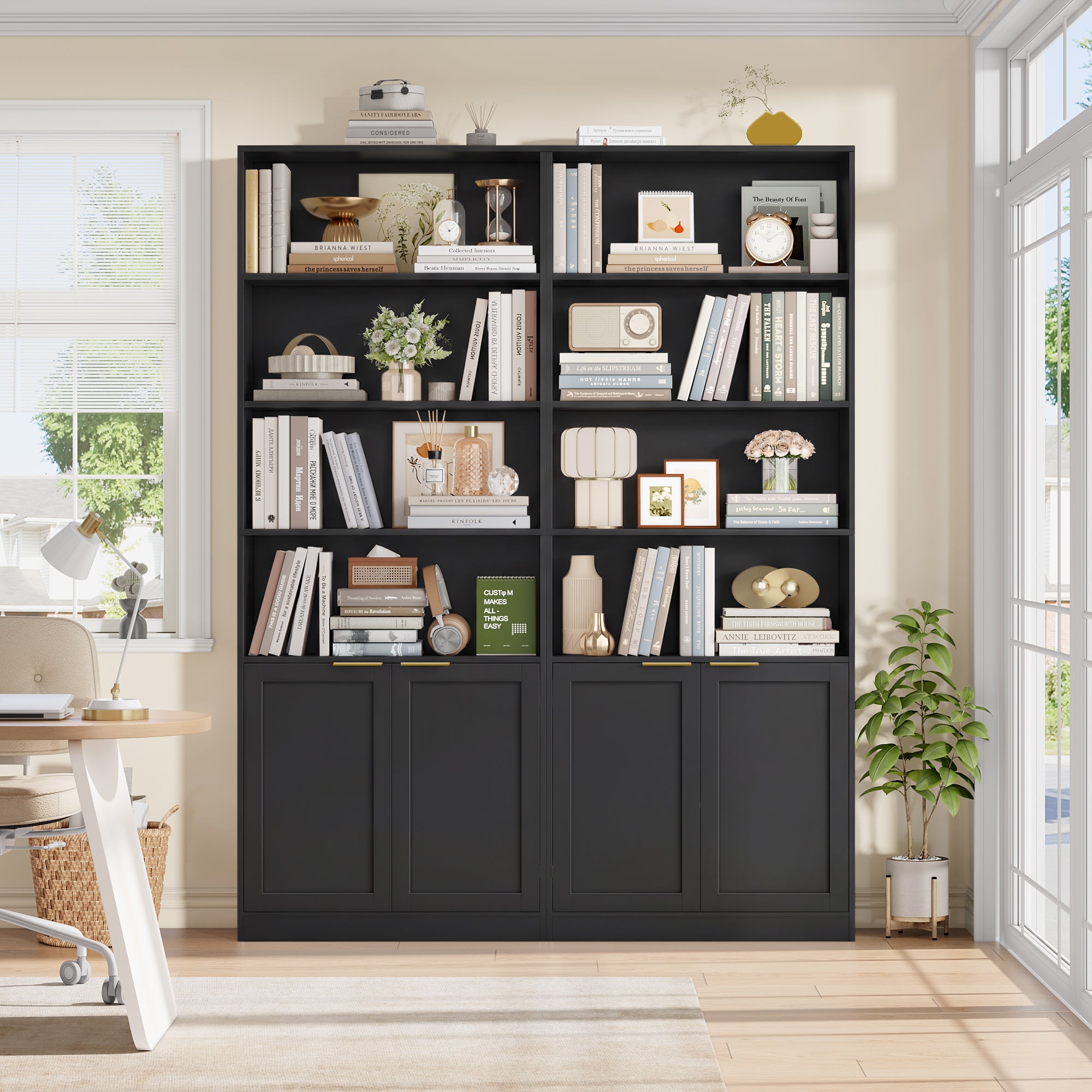 Hiphuta 73" Tall 6 tier Bookcase, Minimalist Single Row Bookshelf with 2 Doors, Modern Wooden Bookcase for Office, Living Room, Black