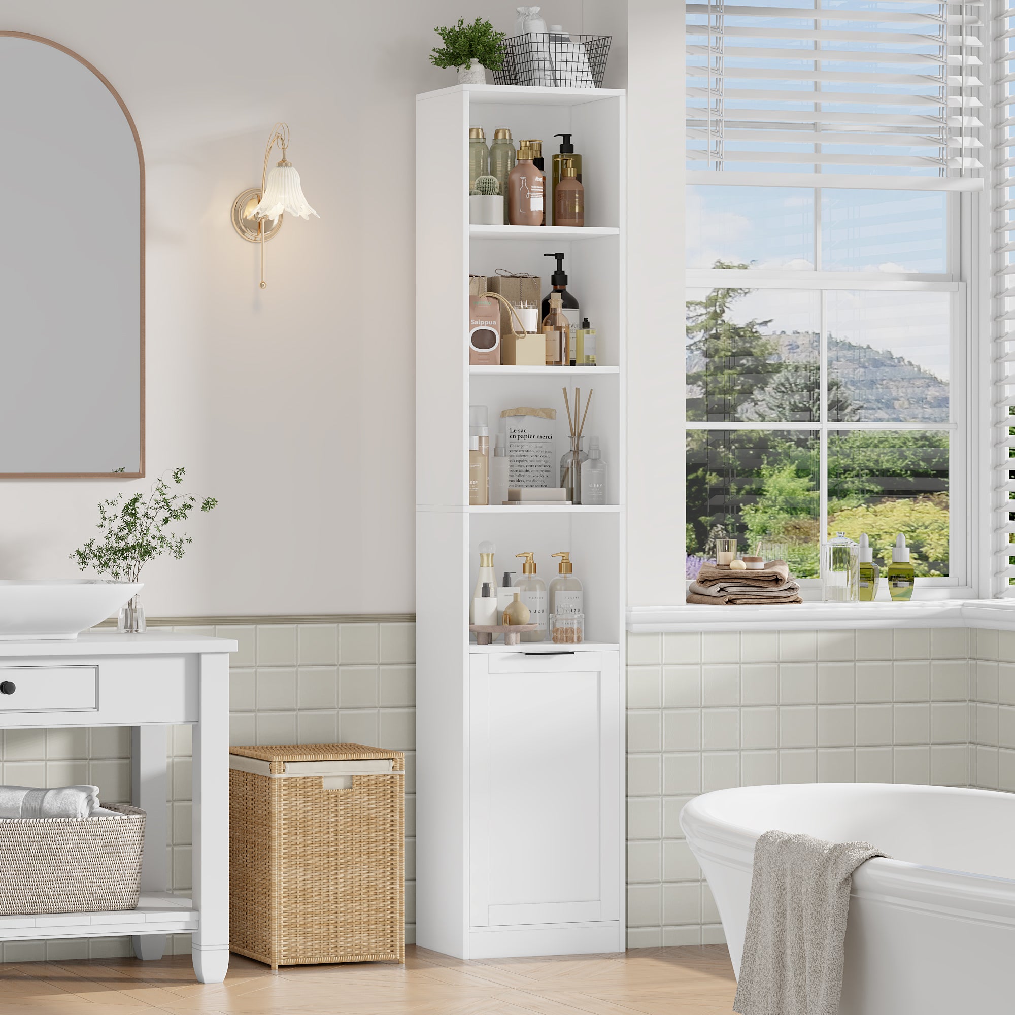 Hiphuta 73.5" Tall Bathroom Storage Cabinets with Adjustable Shelves, 6-Tier Narrow Cabinet, Bathroom Storage Tower for Small Spaces, White