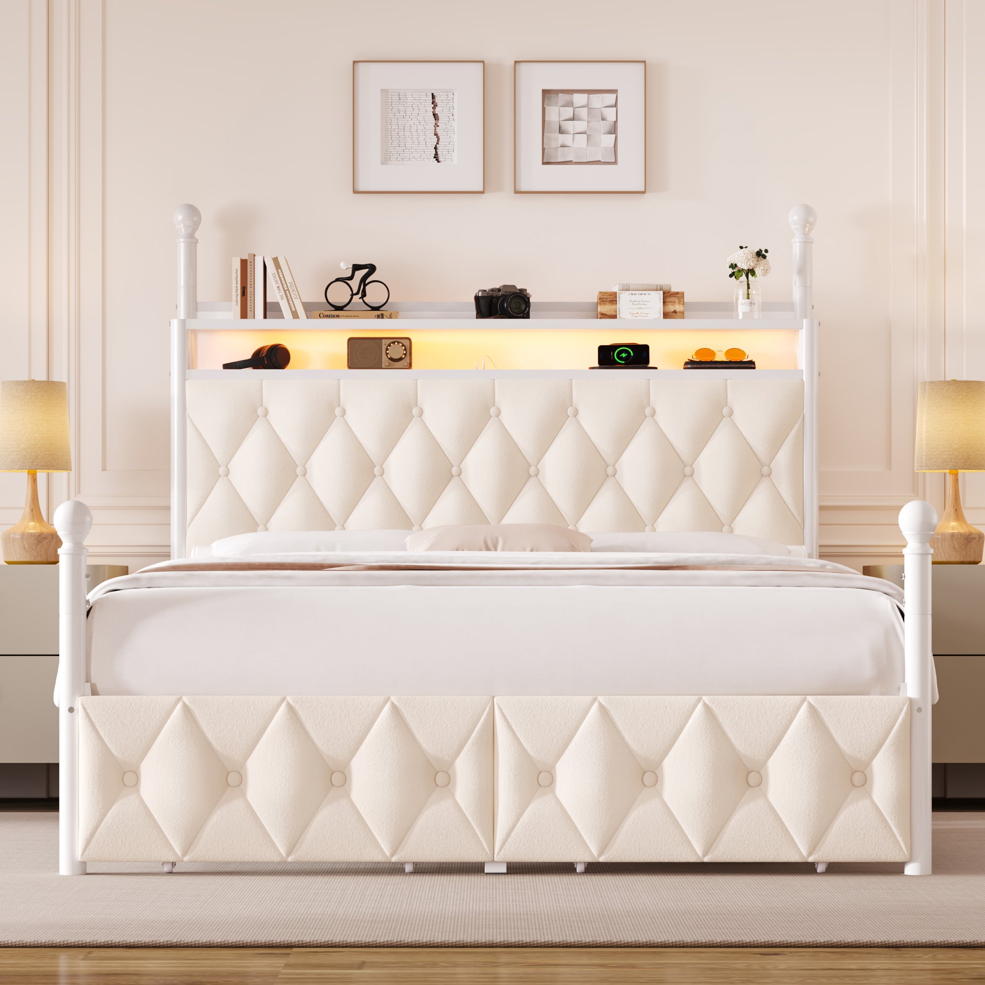 Hiphuta Queen Size Upholstered Canopy Bed with Charging Station & Storage Drawer, Metal Platform Bed with Button Tufted Headboard, Queen Velvet Bed for Adults, Curtain Not Included, Beige