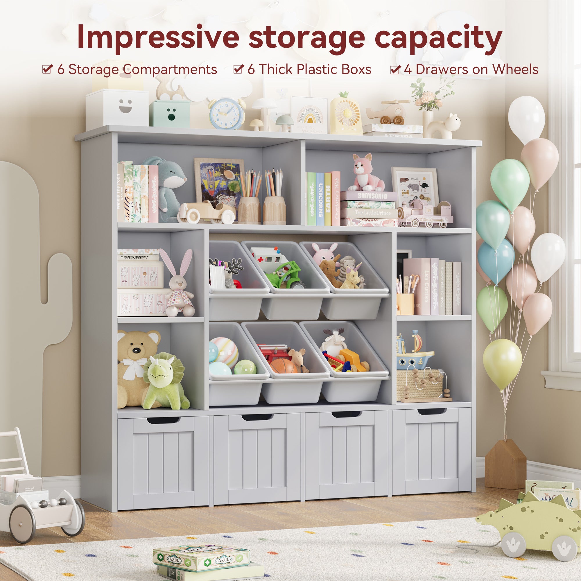 Hiphuta Large 4 Tier Kids Toy Organizer, Wood Toy Organizer of 6 Bins& 4 Removable Drawers, Children's Bookcase for Family Room, Gray