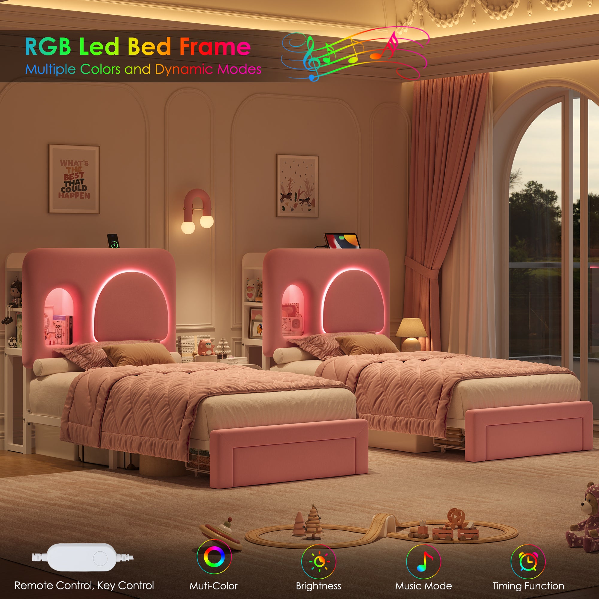 Hiphuta Twin Size Bed Frame with RGB LED and Power Outlets, Velvet Upholstered Platform Bed with Drawer and Side Storage, Pink