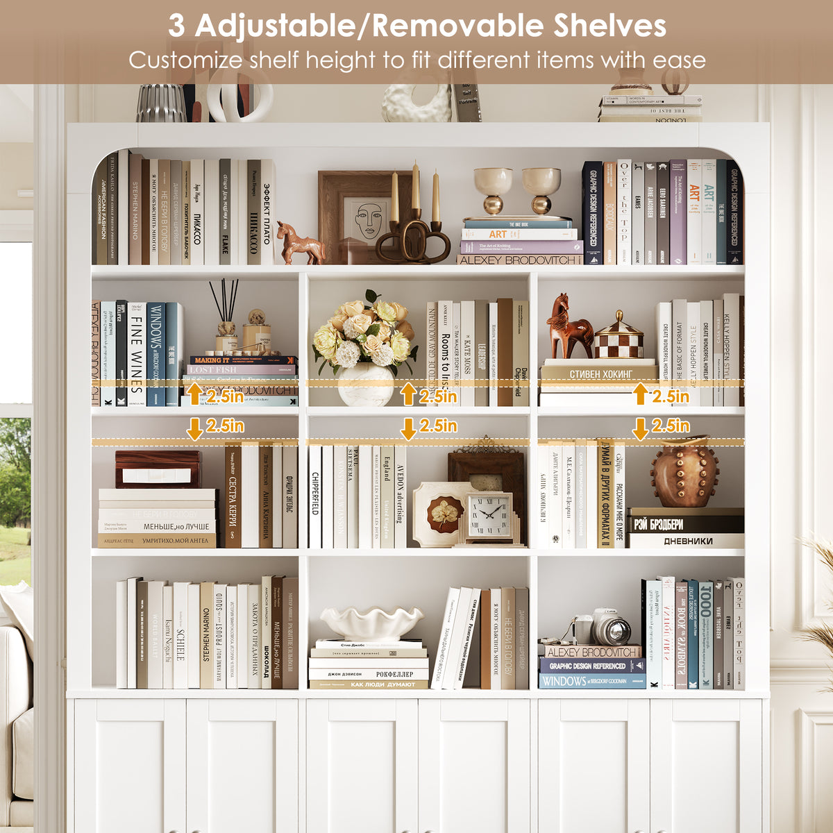 Hiphuta 71" Tall 4-Tier Bookcase with 10 Open Cubes, 56" Wide Extra Large Display Bookshelf with 4 Doors, for Living Room Home Office, White