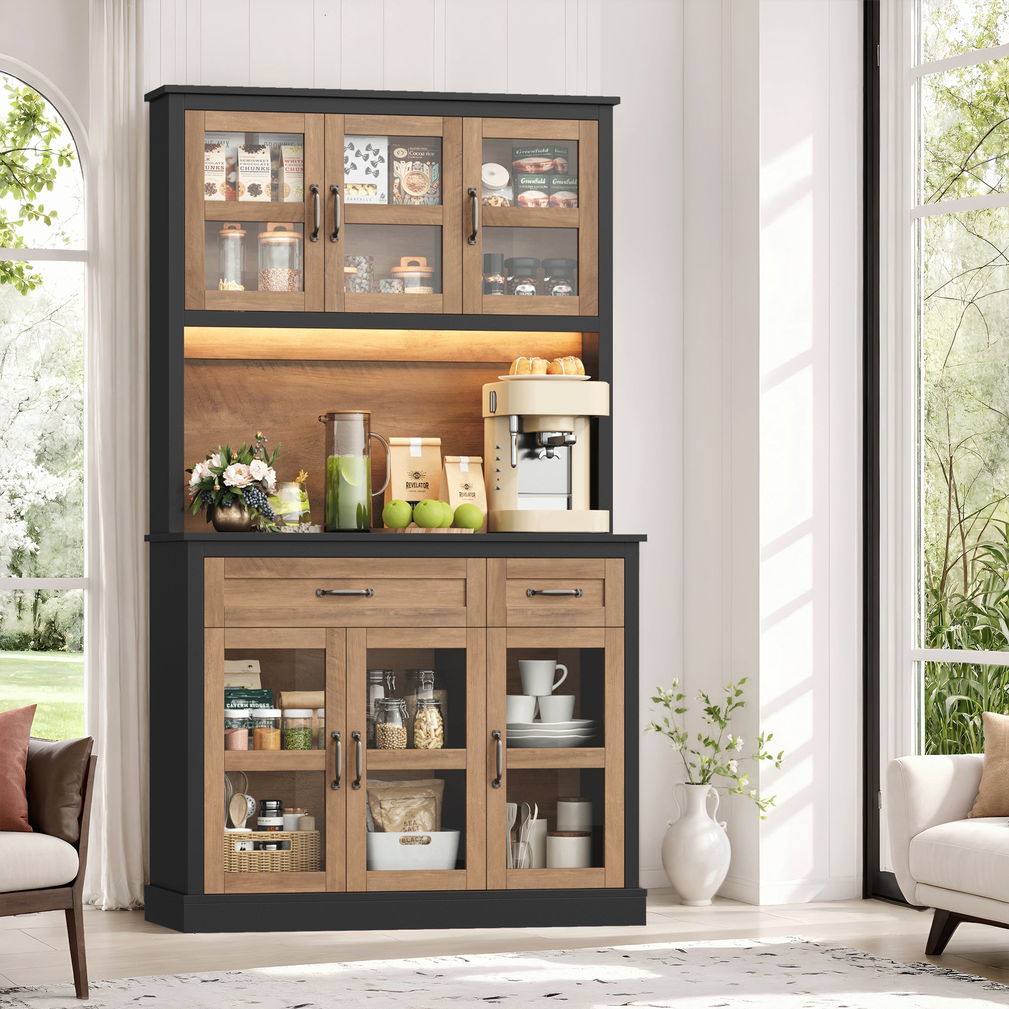 Hiphuta 71" Pantry Cabinet with Charging Station, Kitchen Pantry Storage Cabinet with Microwave Stand & Wine Rack, Food Wooden Pantry Cabinet with Countertop for Dining Room, Black & Oak