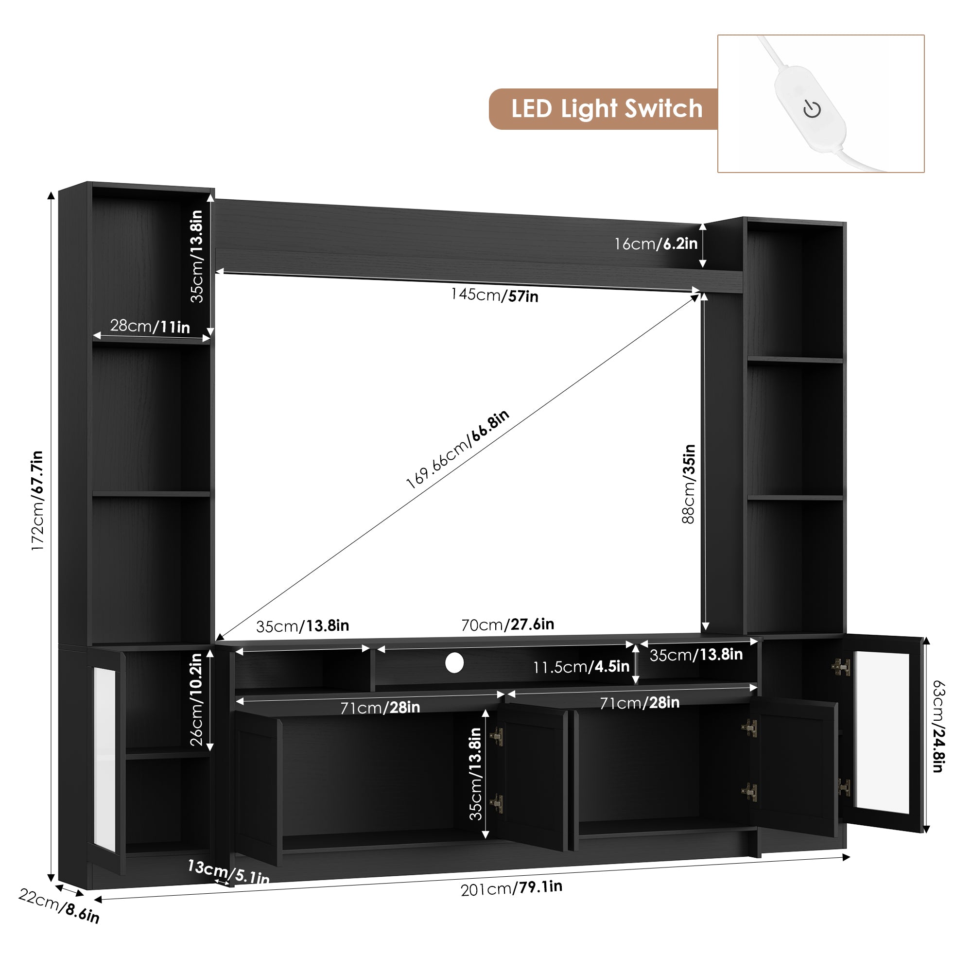 Hiphuta 79" W Wall Unit Entertainment Center for TVs up to 65", Farmhouse Wall Unit TV Stand with Bookshelves and Cabinet, Entertainment Center with LED Lights for Living Room, Black