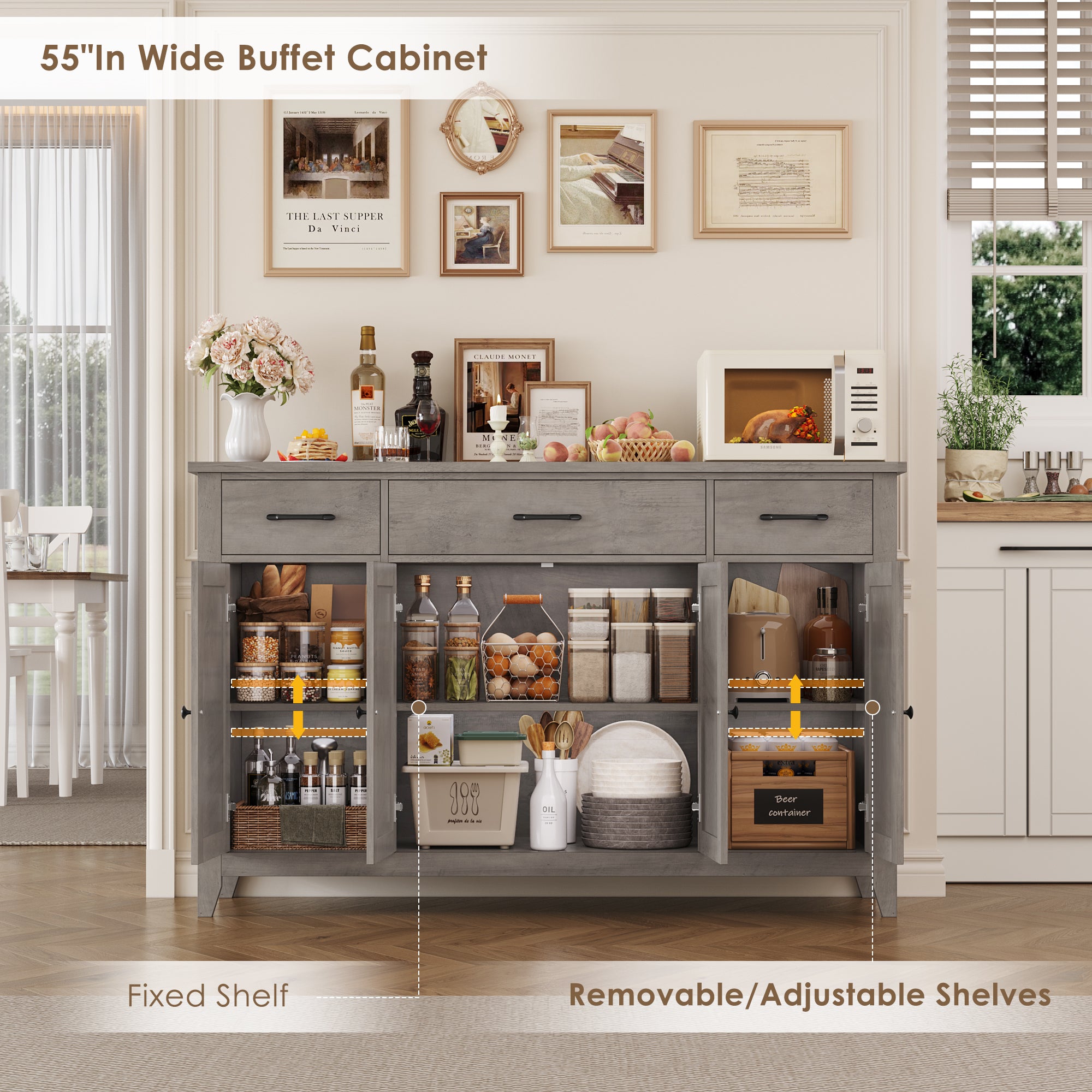 Hiphuta 55"Wide Buffet Cabinet with 2 Adjustable Shelves, Modern Farmhouse Coffee Bar with 3 Drawers and Sturdy Base for Living Room, Ash Gray