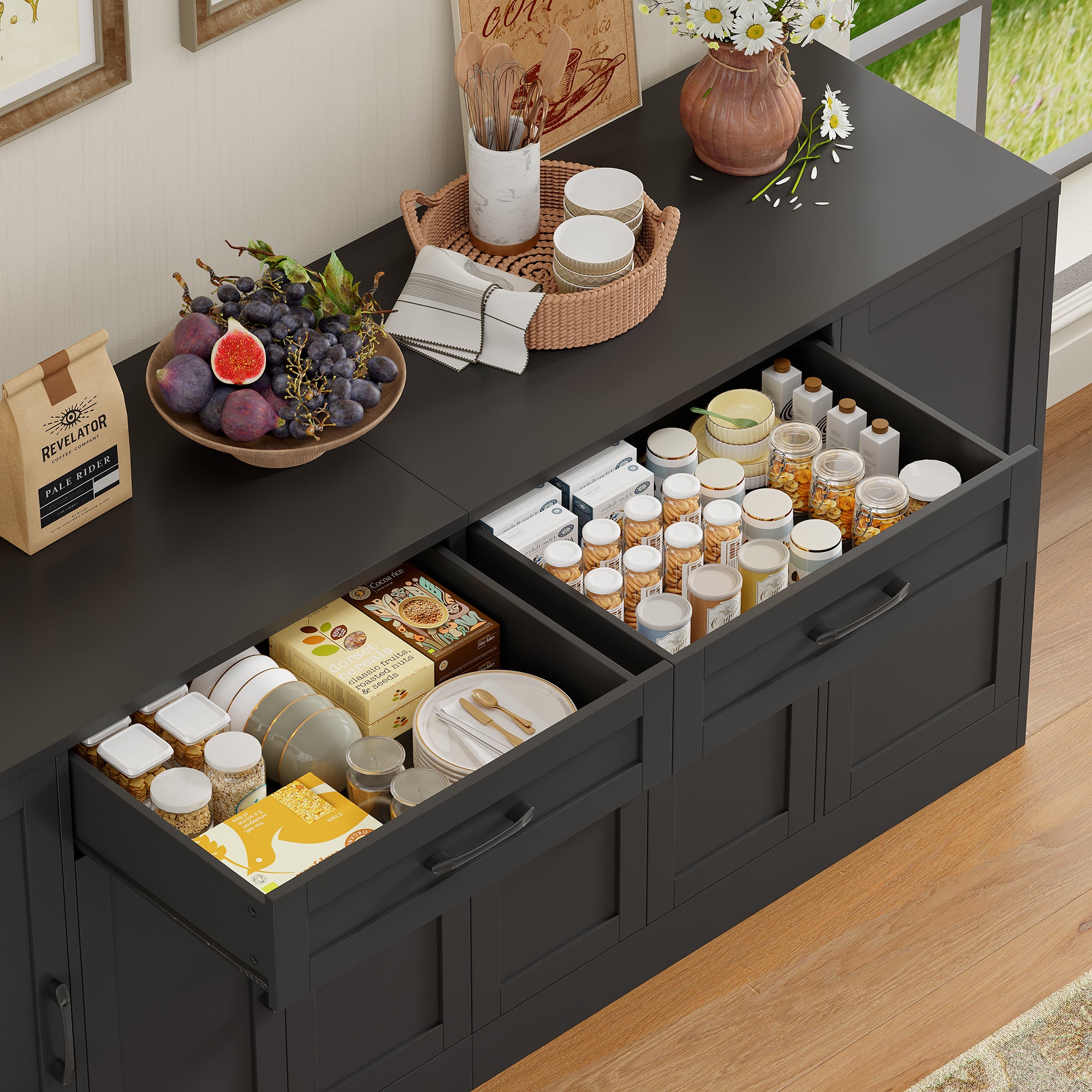 Hiphuta 70.8"W Large Buffet Cabinet with Storage, Modern Farmhouse Sideboard with 6 Doors, Coffee Bar for Kitchen Dining Room Living Room, Black