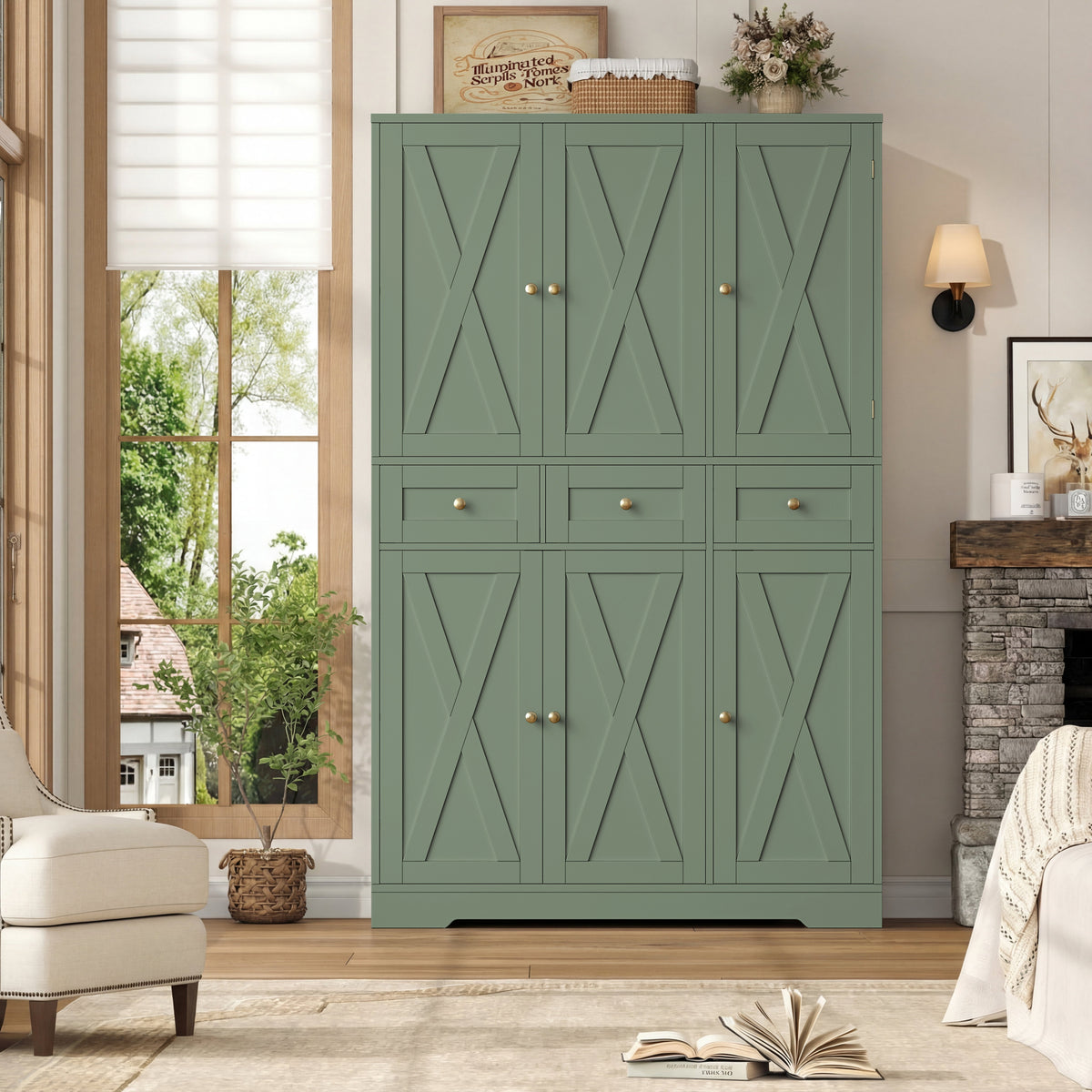 Hiphuta Farmhouse Kitchen Pantry Cabinet with Doors, Large Pantry Stroage Cabinet for Kitchen Dining Room, Green
