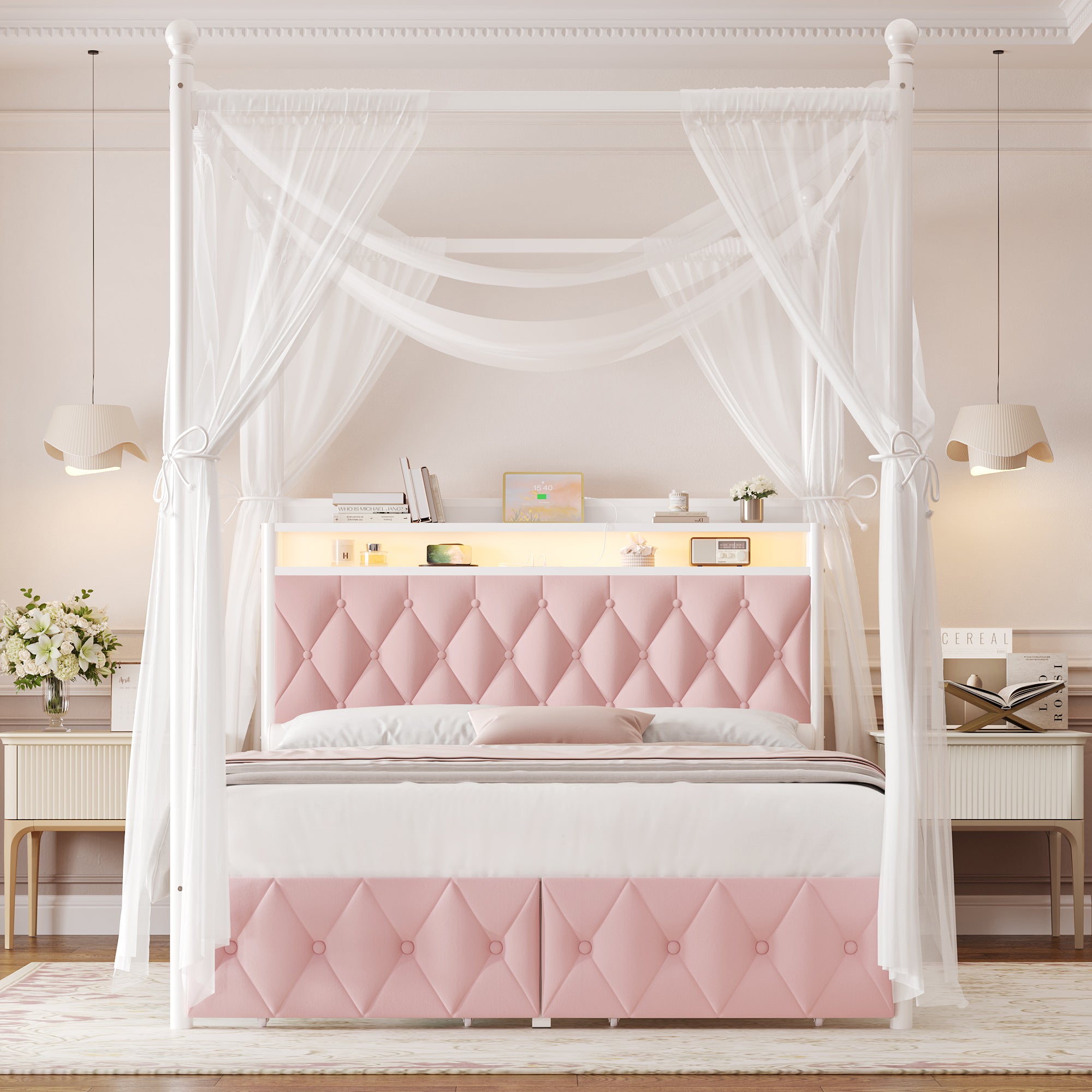 Hiphuta Full Size Upholstered Canopy Bed with Charging Station & Storage Drawer, Metal Platform Bed with Button Tufted Headboard, Full Bed for Kids, Curtain Not Included, Pink
