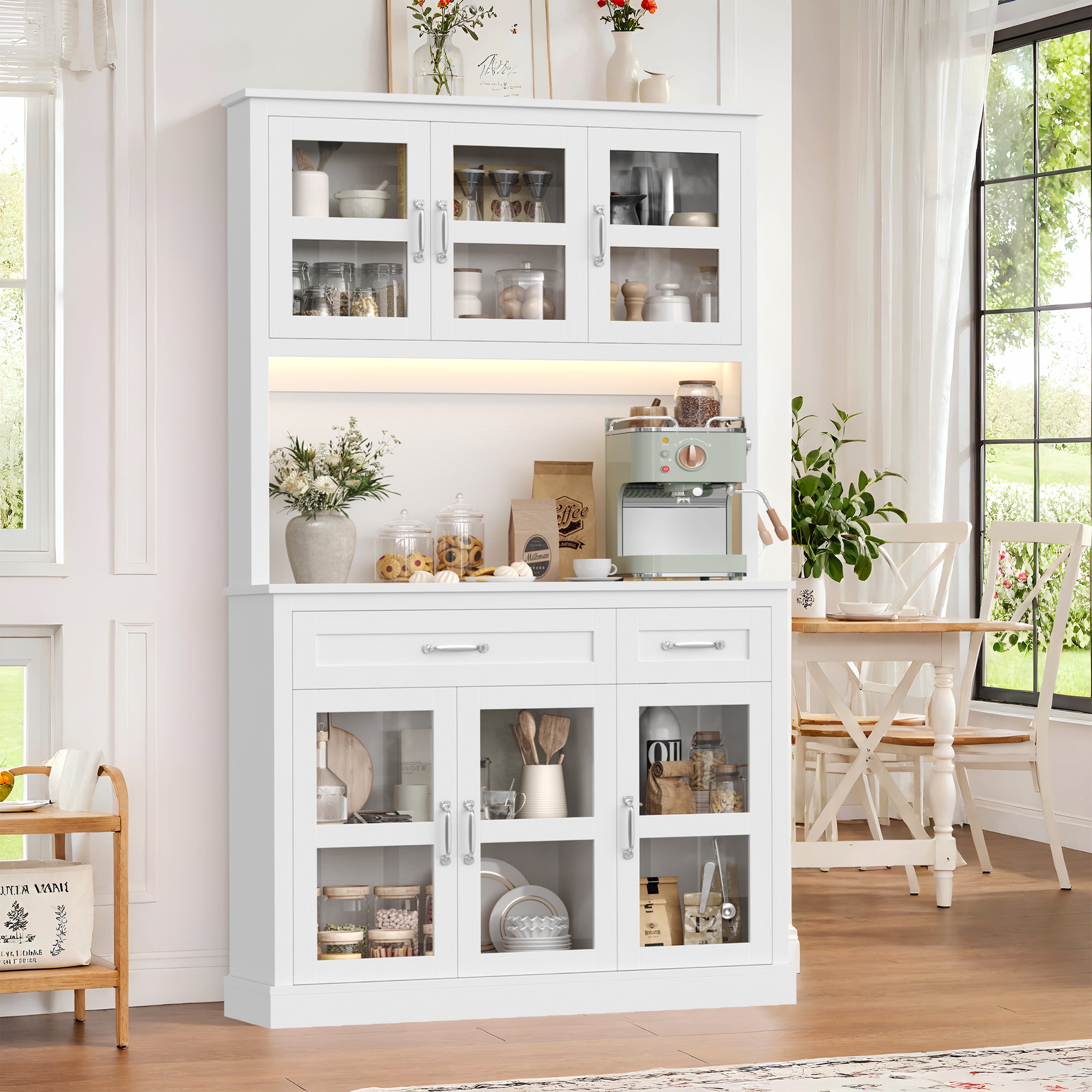 Hiphuta 71" Pantry Cabinet with Charging Station, Kitchen Pantry Storage Cabinet with Microwave Stand & Wine Rack, Kitchen Hutch Cabinet with Storage Drawers, Food Pantry Cabinet with Countertop for Dining Room, White