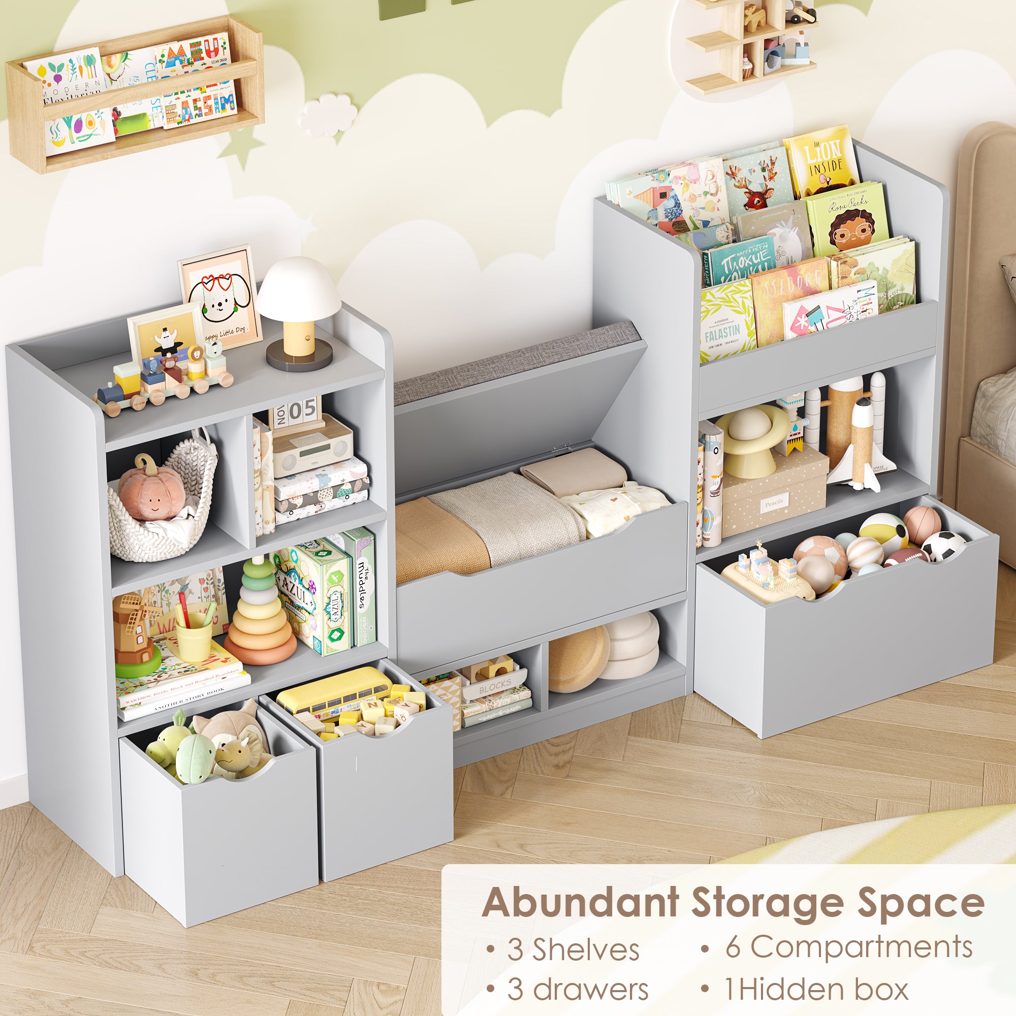 Hiphuta 72"Wide Kids Bookshelf with Reading Nook and Under Bench Storage, Kids Bookcase with Toy Organizer & Book Rack for Kids, Gray