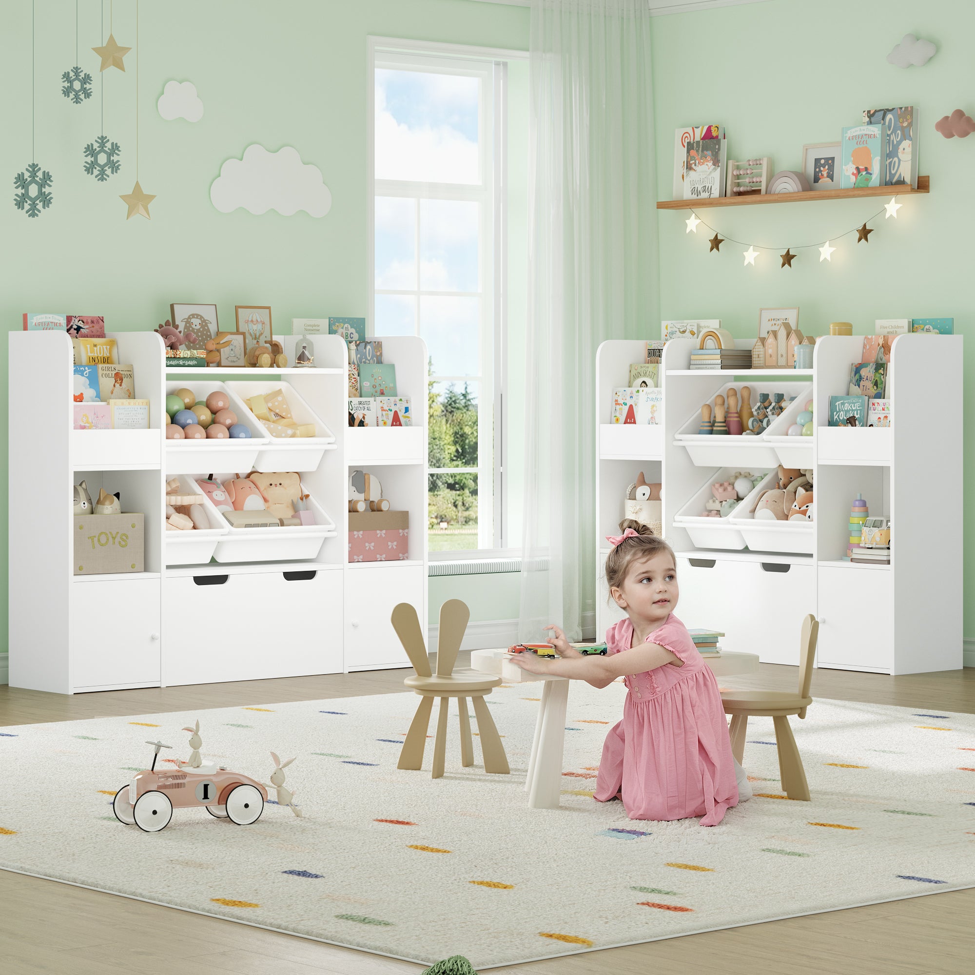 Hiphuta Kid Storage Toy Organizer, Wood Toy Storage Organizer with 4 Toy Boxes, Kids Bookcase with Book Rack, White