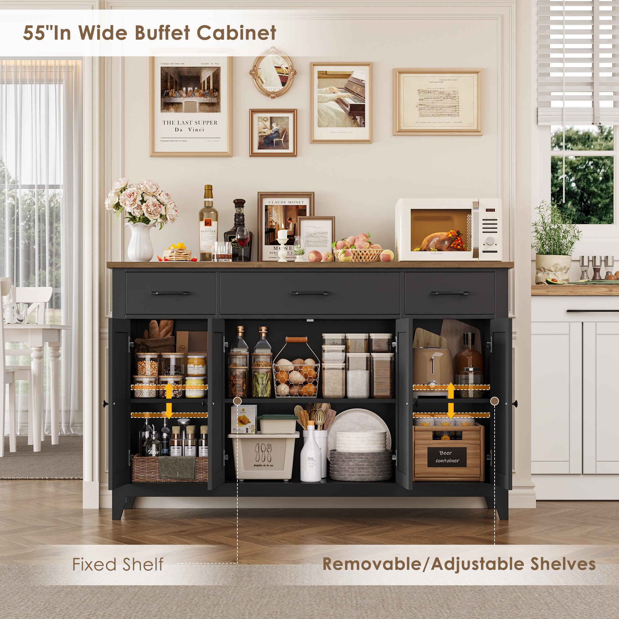Hiphuta 55"Wide Buffet Cabinet with 2 Adjustable Shelves, Modern Farmhouse Coffee Bar with 3 Drawers and Sturdy Base for Living Room, Black