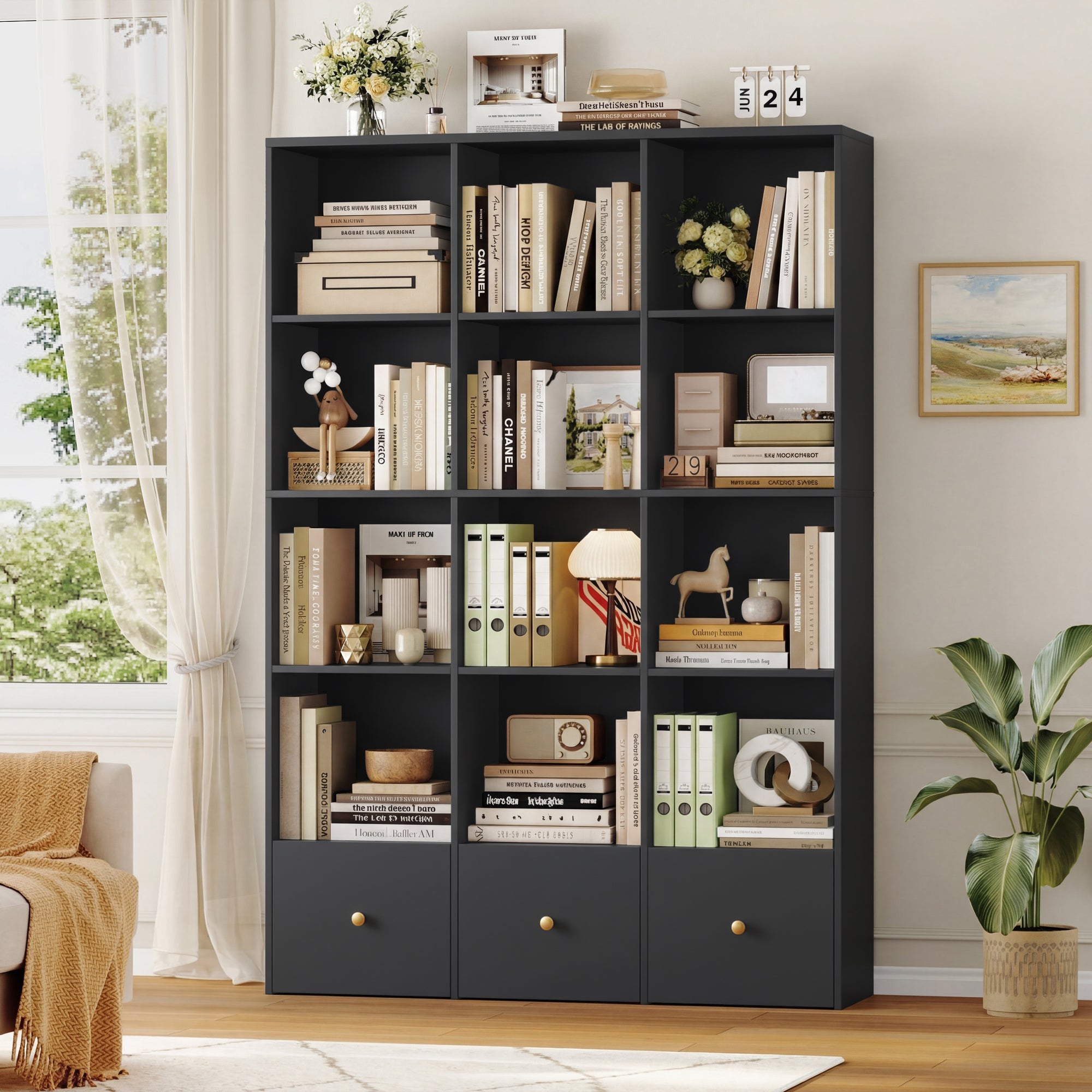 Hiphuta Triple Row 4-Tier Bookcase with 12 Cubes, 69" Tall Large Bookcase with 3 Drawers, for Office Living Room, Black