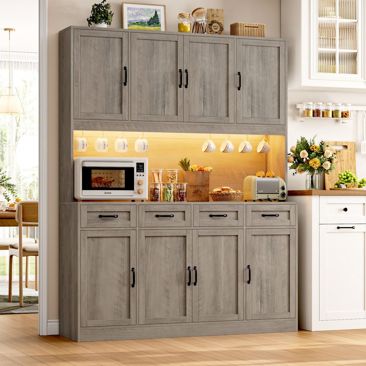 Hiphuta 59" Wide Kitchen Pantry Cabinet with 8 Doors and 4 Drawers, Extra Large Hutch Cabinet with RGB LED and Charging Station, Coffee Bar with 4 Adjustable Shelves, Gray