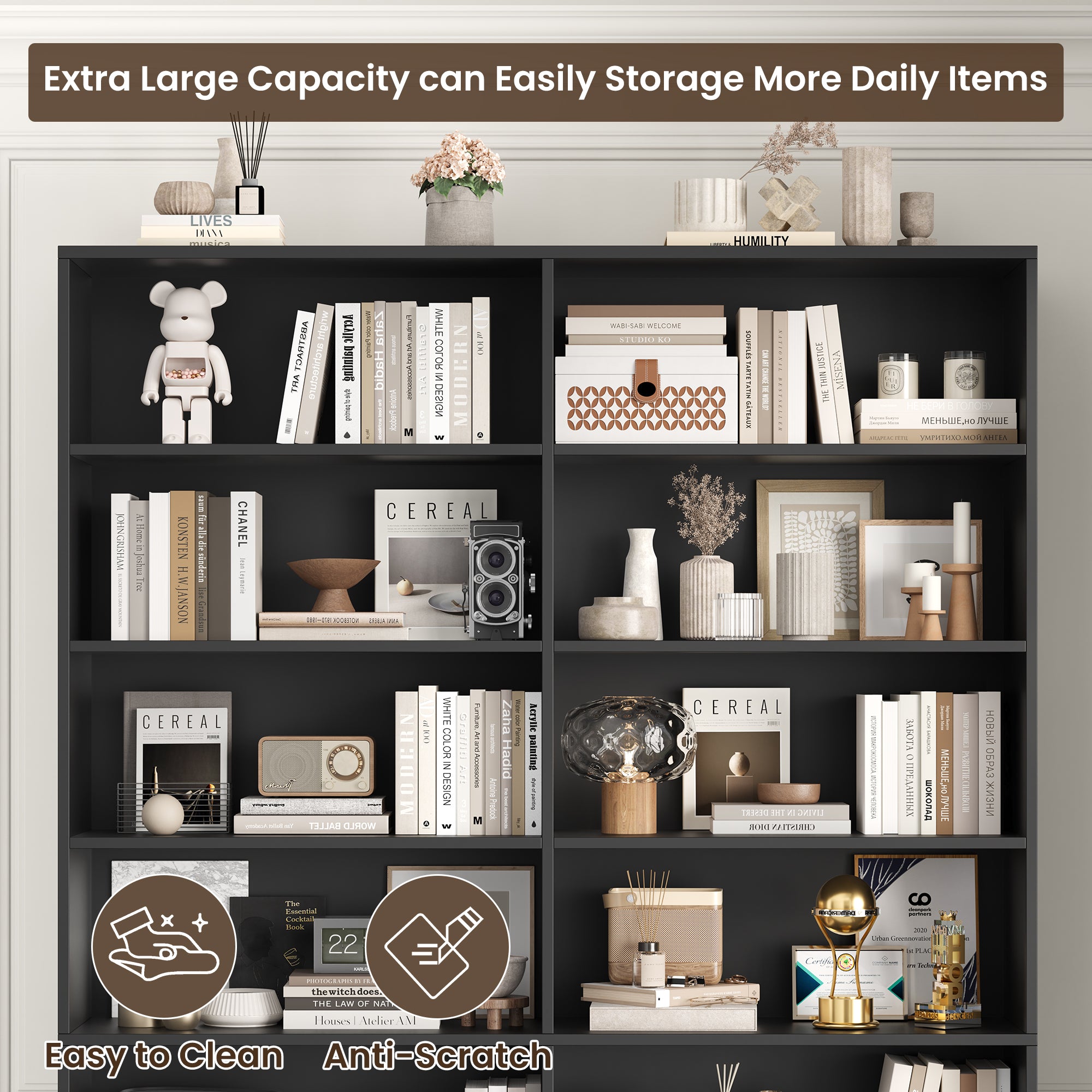 Hiphuta 83.6"H x 47.2"W Wood Double 7-Tier Standard Bookcase, Tall Bookcase for Bedroom, Living Room and Office, Freestanding Display Storage Shelves, Black