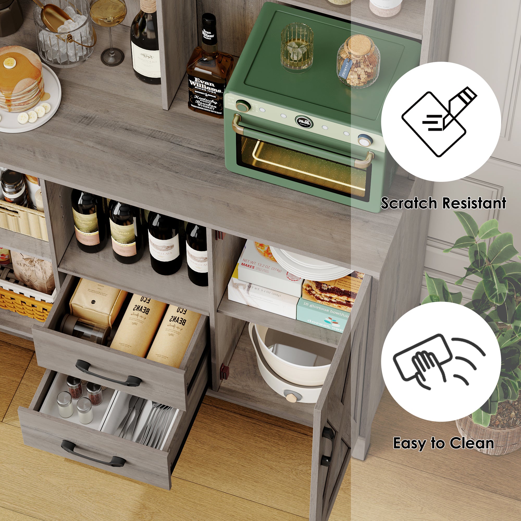 Hiphuta Kitchen Pantry Storage Cabinet, Food Pantry Cabinet with Microwave Stand, Farmhouse Wine Bar Cabinet, Coffee Bar Hutch with Wine Rack for Dining Room, Living Room, Ash Gray