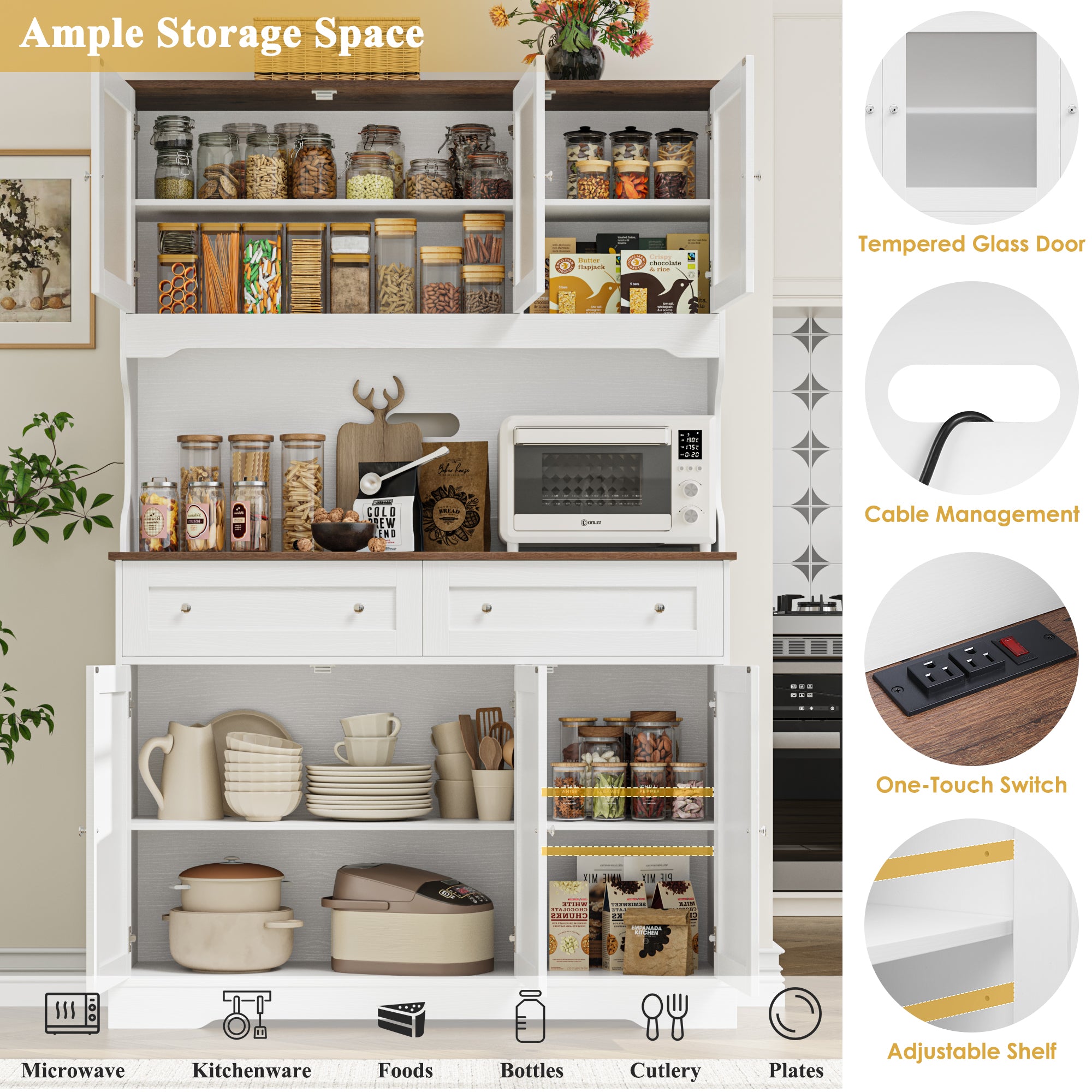 Hiphuta 72” Tall Kitchen Pantry Storage Cabinet with Power Outlet, Freestanding Cupboard Storage Buffet Hutch with Microwave Stand, Storage Pantry with Drawers & Glass Doors, White