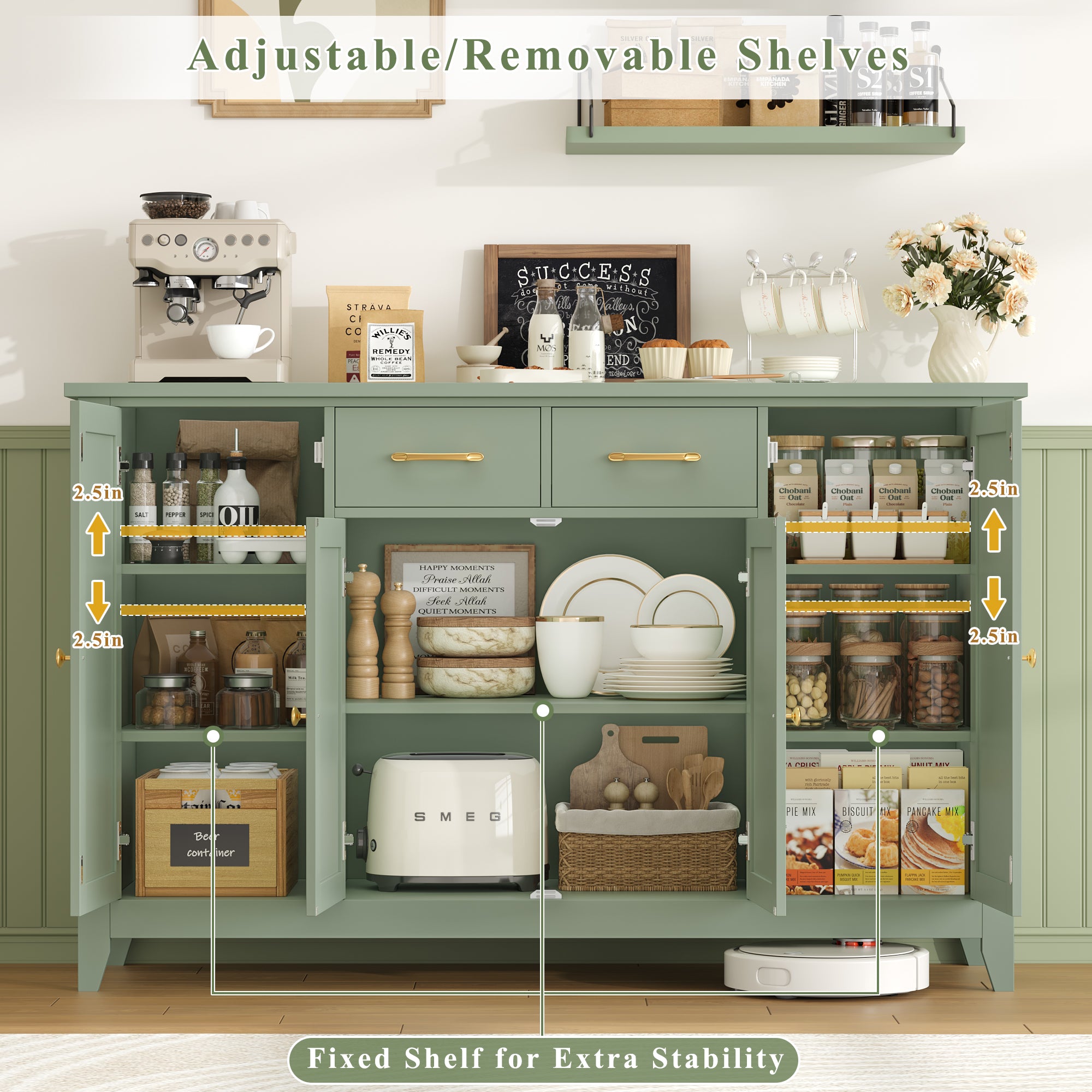 Hiphuta 55" Wide Buffet Cabinet with 2 Drawers & Adjustable Shelves, Modern Coffee Bar Cabinet with 2 Drawers and Sturdy Base for Living Room, Green