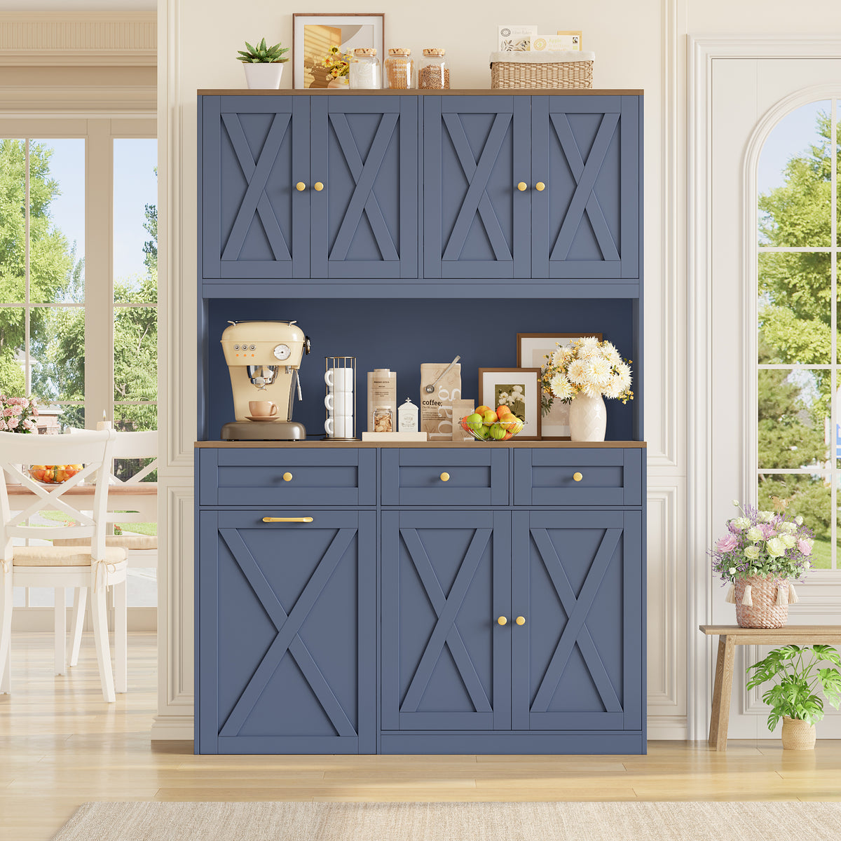 Hiphuta 73” Tall Kitchen Pantry Cabinet Fits 13 Gallon Trash Can Cabinet, Farmhouse Kitchen Storage Hutch with Pull Out Trash Can Storage for Dining Room Living Room, Dark Blue