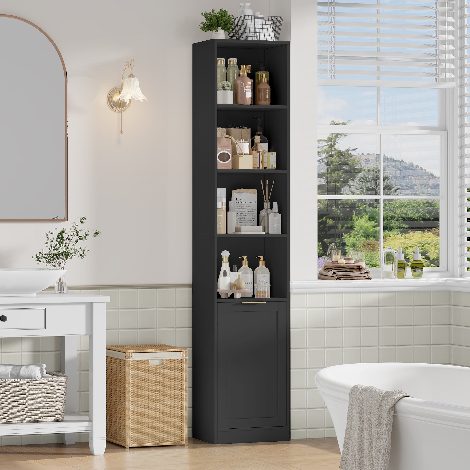 Hiphuta 73.5" Tall Bathroom Storage Cabinets with Adjustable Shelves, 6-Tier Narrow Cabinet, Bathroom Storage Tower for Small Spaces, Black