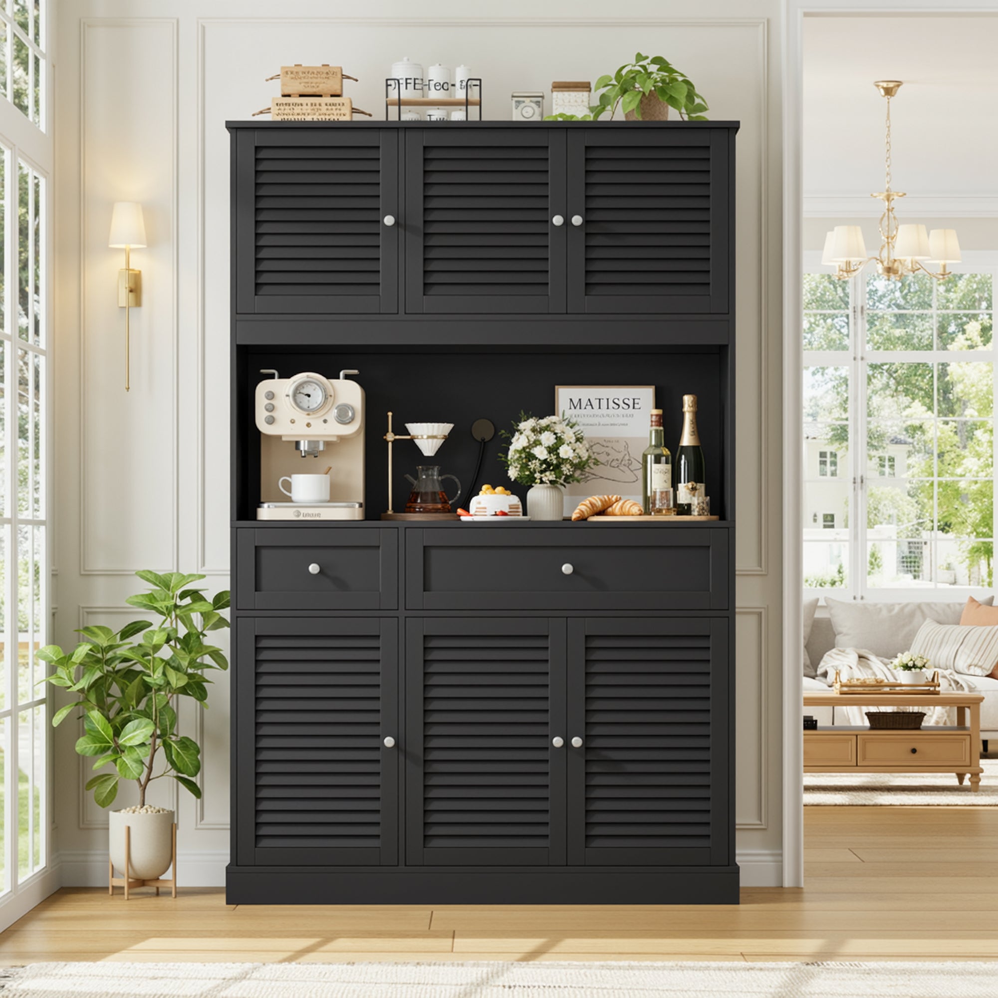 Hiphuta 70” Tall Modern Pantry Cabinet with Adjustable Shelves, Freestanding Kitchen Hutch Cabinet with Louvered Door for Dining Room, Black