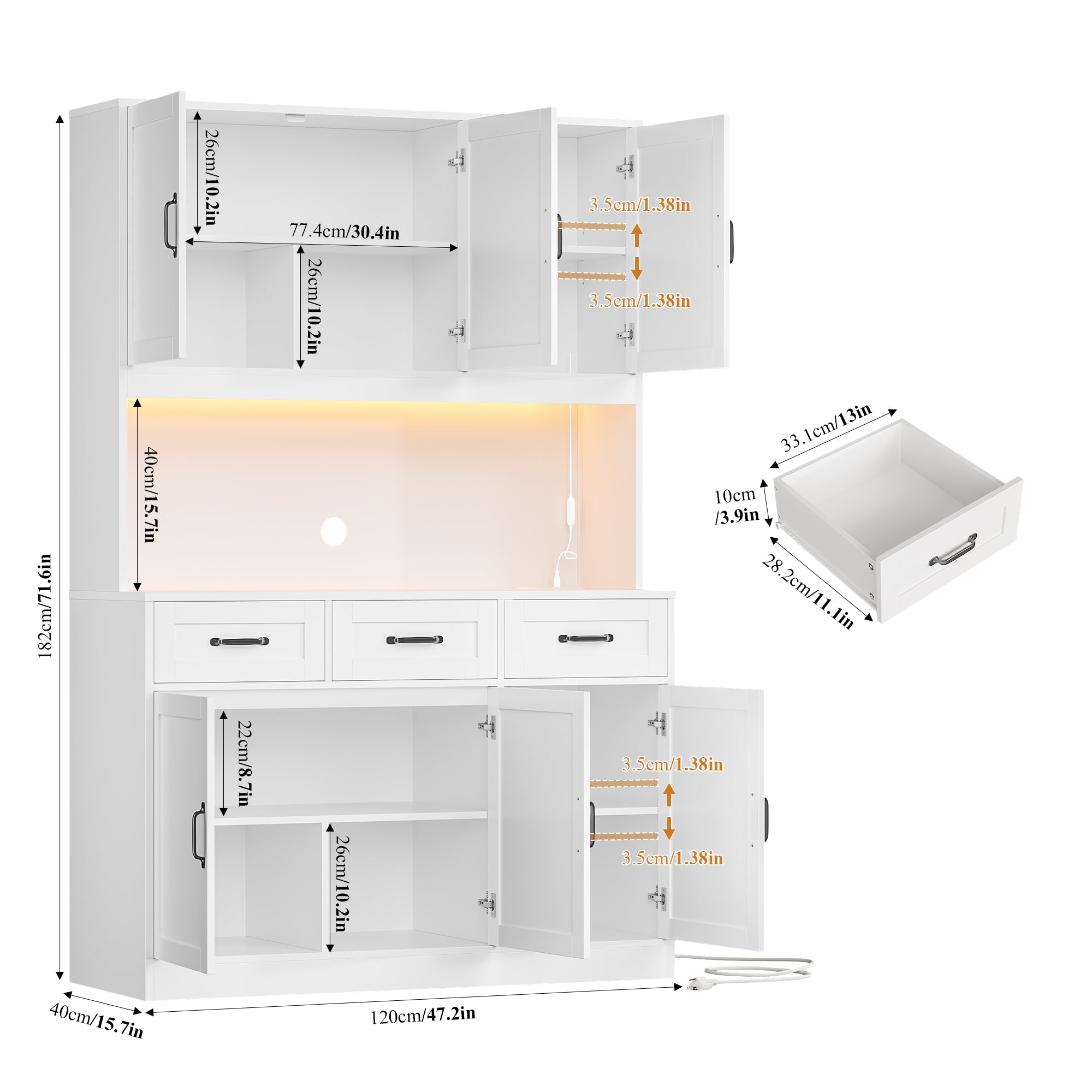 Hiphuta 72" Tall Kitchen Pantry Storgae Cabinet with RGB LED, Hutch Cabinet with Charging Station and Adjustable Shelves for Dining Room, White