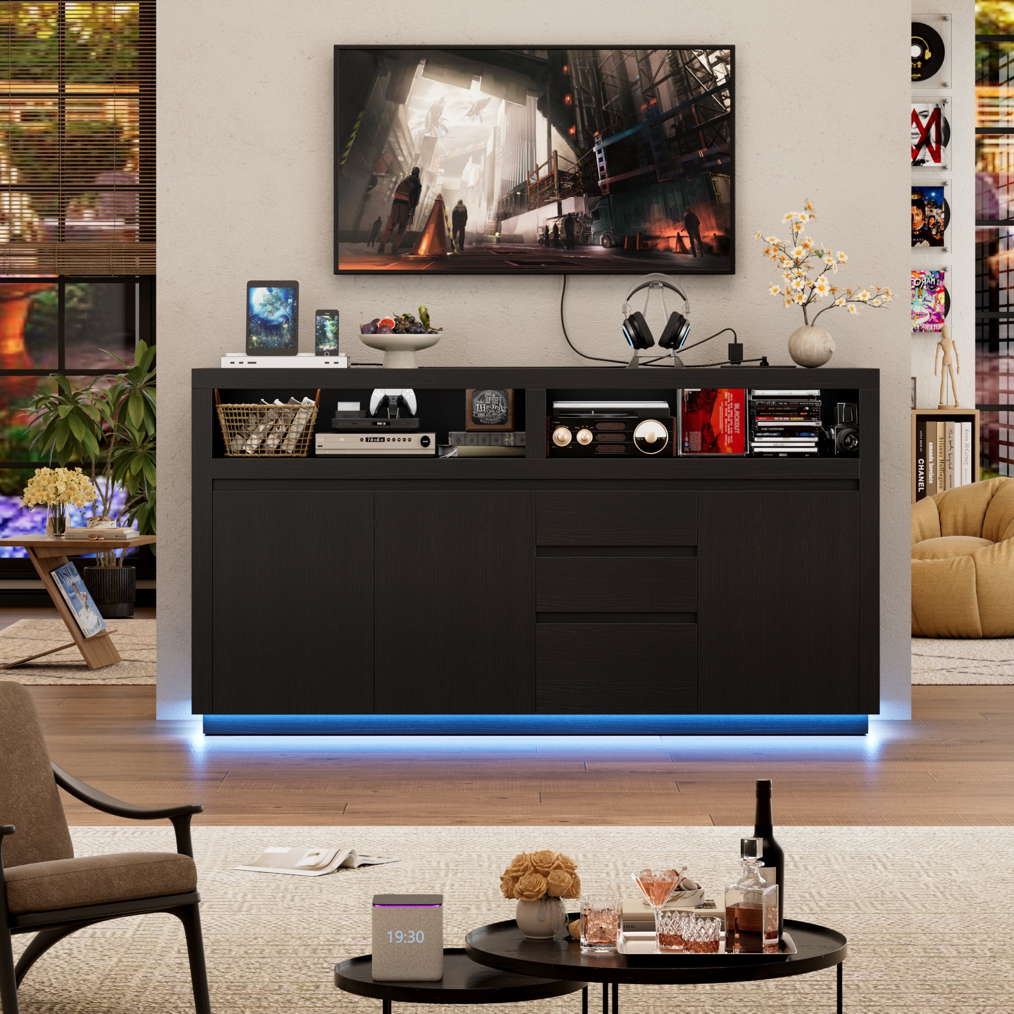 Hiphuta Farmhouse TV Stand with RGB LED, Modern Entertainment Center with Doors and Drawers, Black