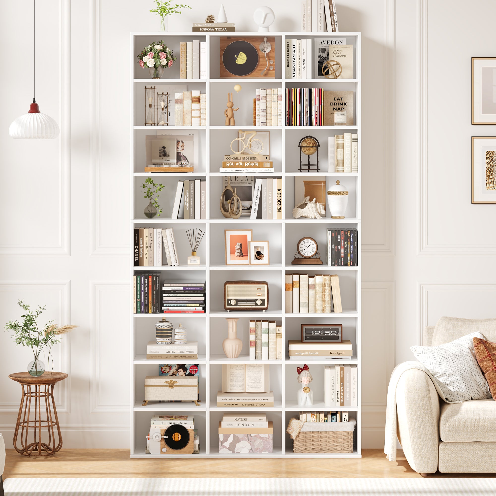 Hiphuta 27-Cube 9-Tier Bookcase, 75" Tall Triple-Wide CD Media Storage Organizer with 15 Adjustable Shelves, Freestanding Display Shelf, White