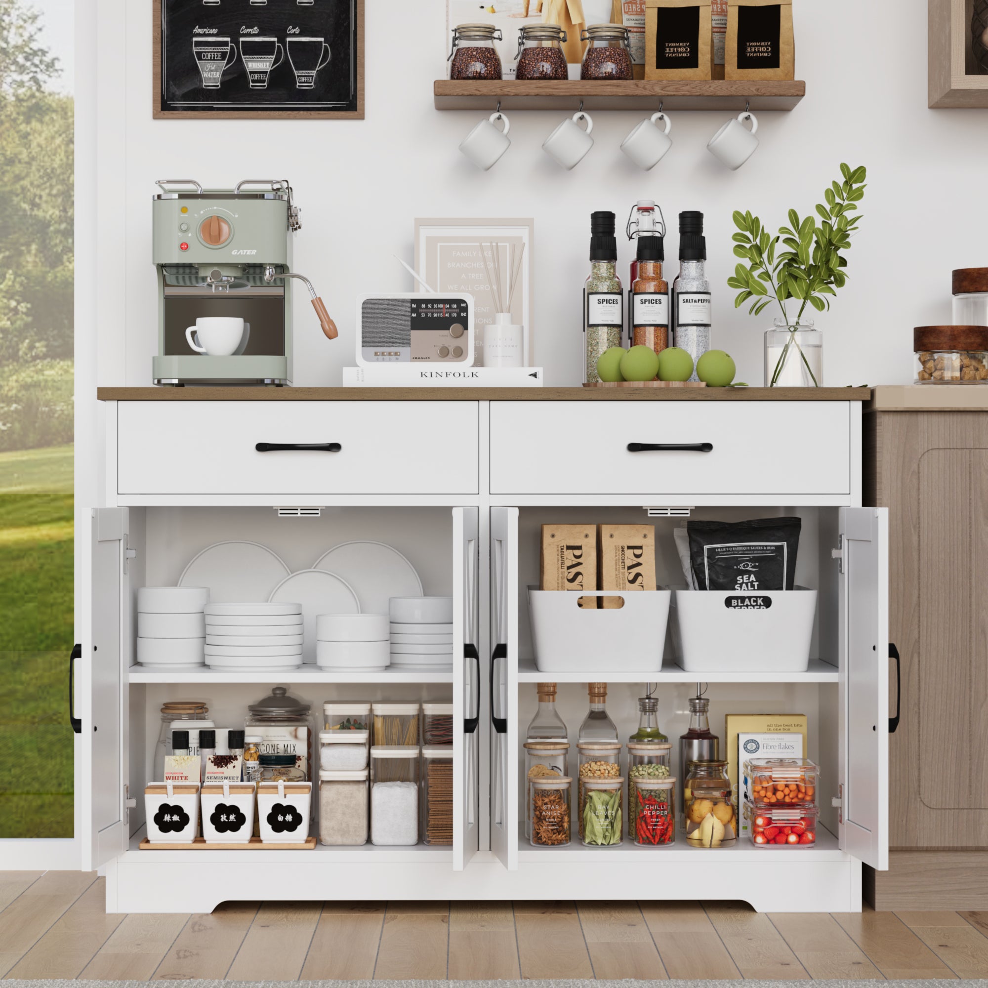 Hiphuta 47" Farmhouse Sideboard Storage Cabinets with 4 Doors & 2 Drawers, Cabinet with Brown Top for Living Room, White