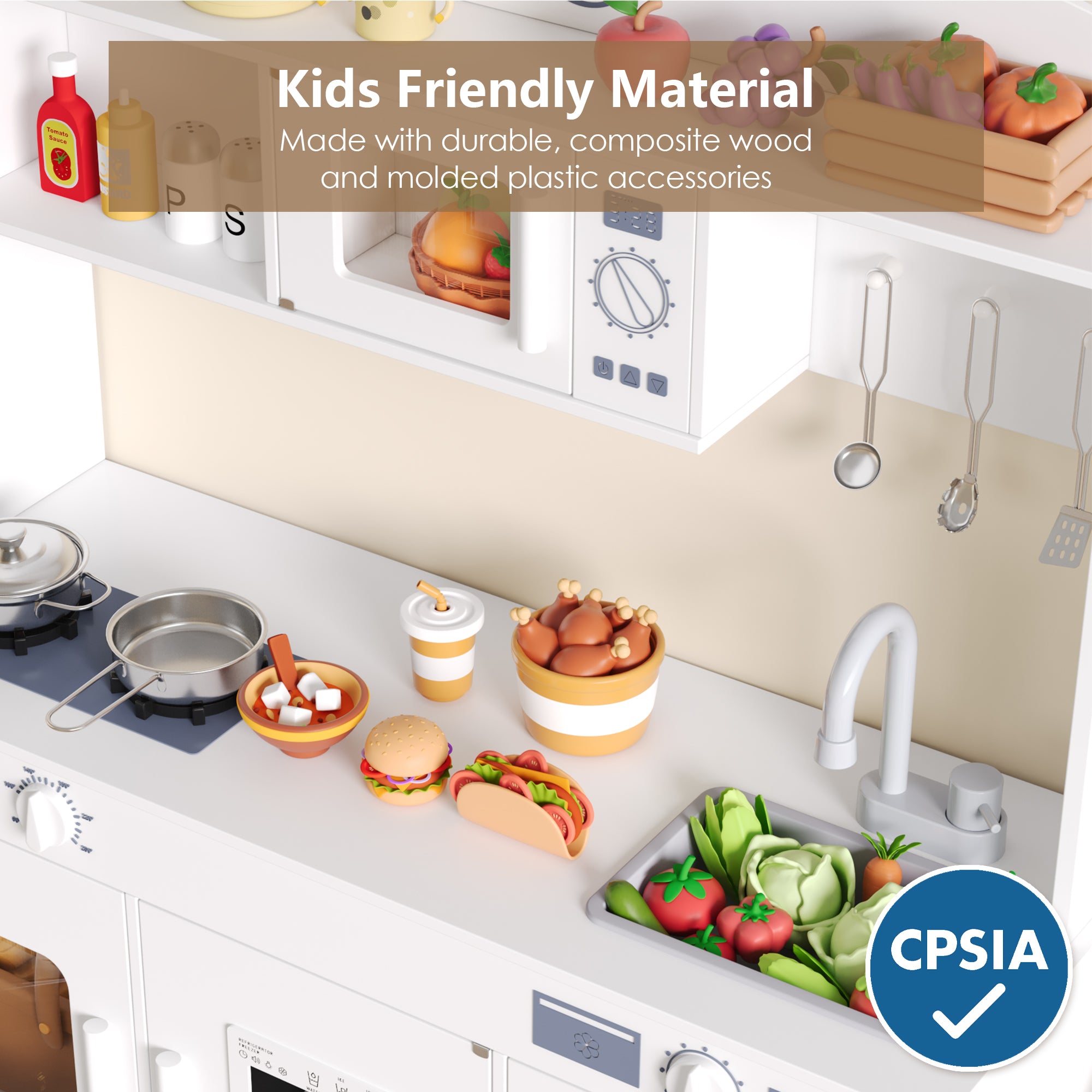 Hiphuta Play Kitchen for Kids, Wooden Kids Kitchen Playset with Plenty of Play Features, Chef Pretend Play Set for Boys and Girls Age Ages 3-10, Toys Kitchen with 11 Pcs Accessories, White