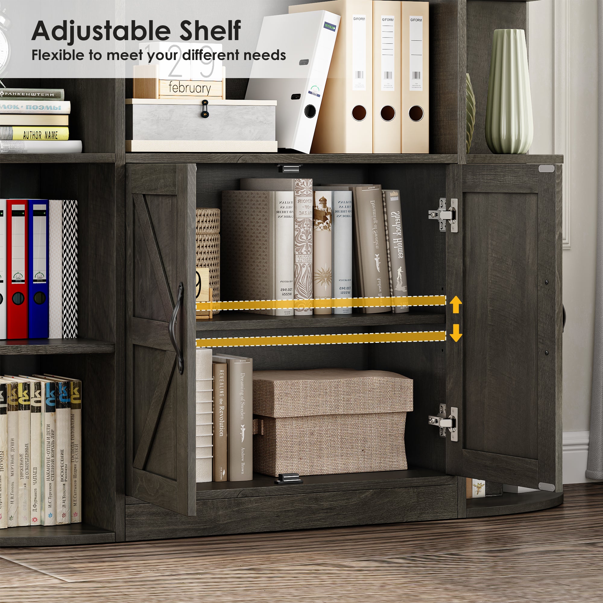 Hiphuta 74.8”Tall Bookcases with Cabinet, Extra Large 6-Tier Wooden Bookshelf for Living Room, Display Bookshelf for Home Office, Dark Brown