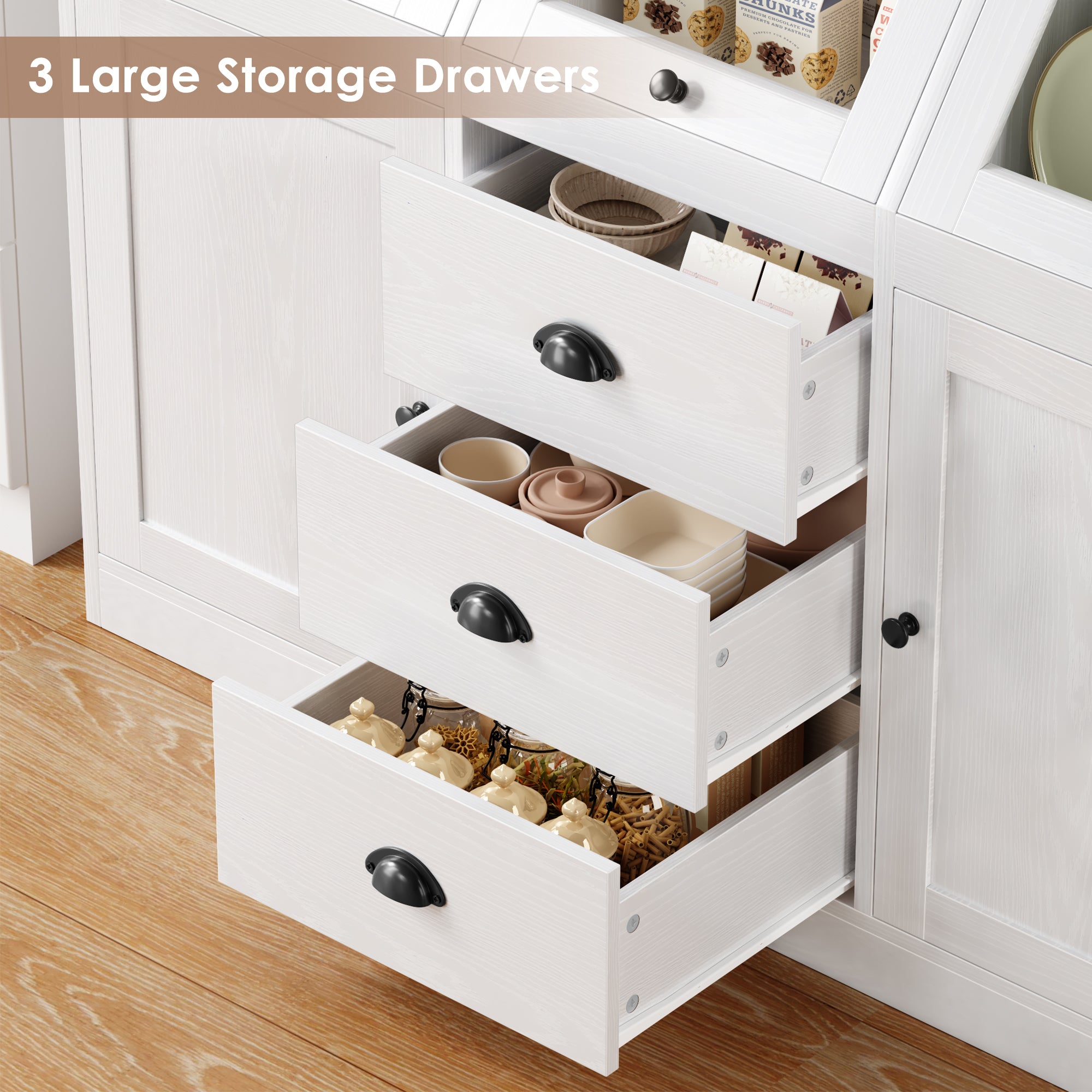 Hiphuta Farmhouse Kitchen Pantry Storage Cabinet, 71”H Freestanding Hutch with 8 Doors and 3 Drawers for Dining and Living Room, White